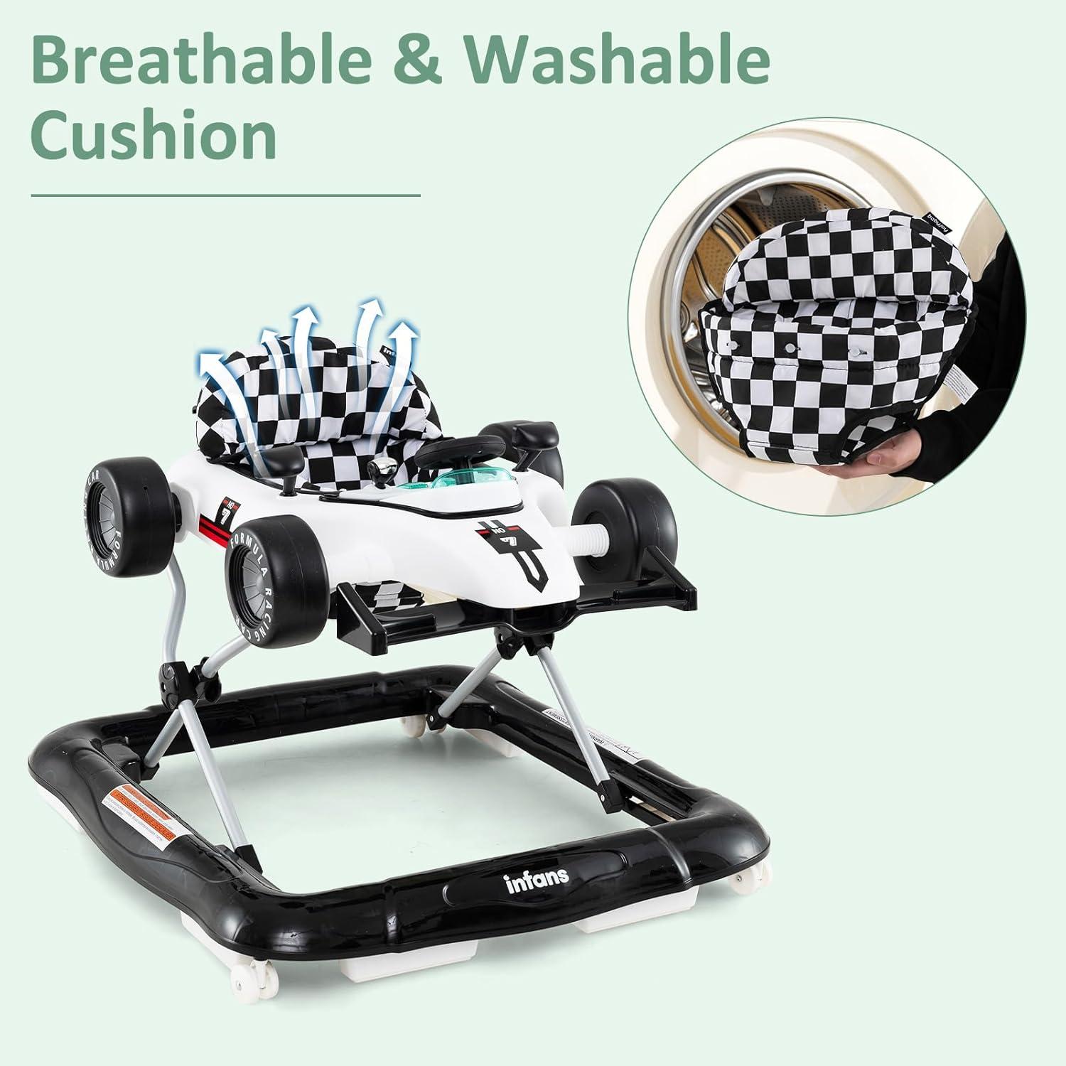 imageINFANS 4 in 1 Baby Walker Foldable Toddler Activity Center with Adjustable Height Padded Seat Music Light Removable Tray Push Walker for Girls Boys Aged 618 Months RedIvory