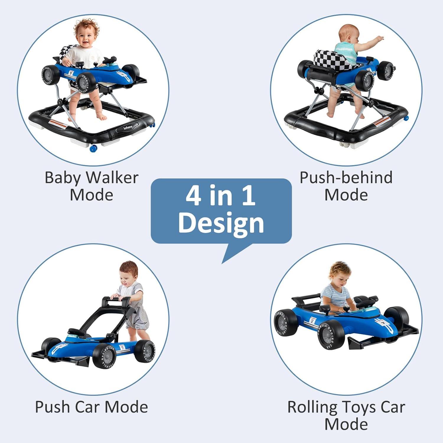 imageINFANS 4 in 1 Baby Walker Foldable Toddler Activity Center with Adjustable Height Padded Seat Music Light Removable Tray Push Walker for Girls Boys Aged 618 Months RedBlue