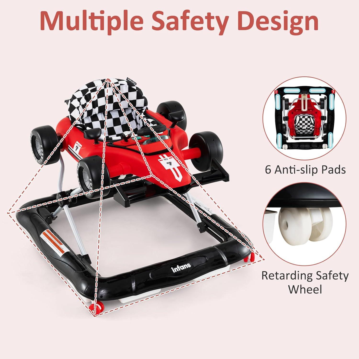 imageINFANS 4 in 1 Baby Walker Foldable Toddler Activity Center with Adjustable Height Padded Seat Music Light Removable Tray Push Walker for Girls Boys Aged 618 Months RedRed