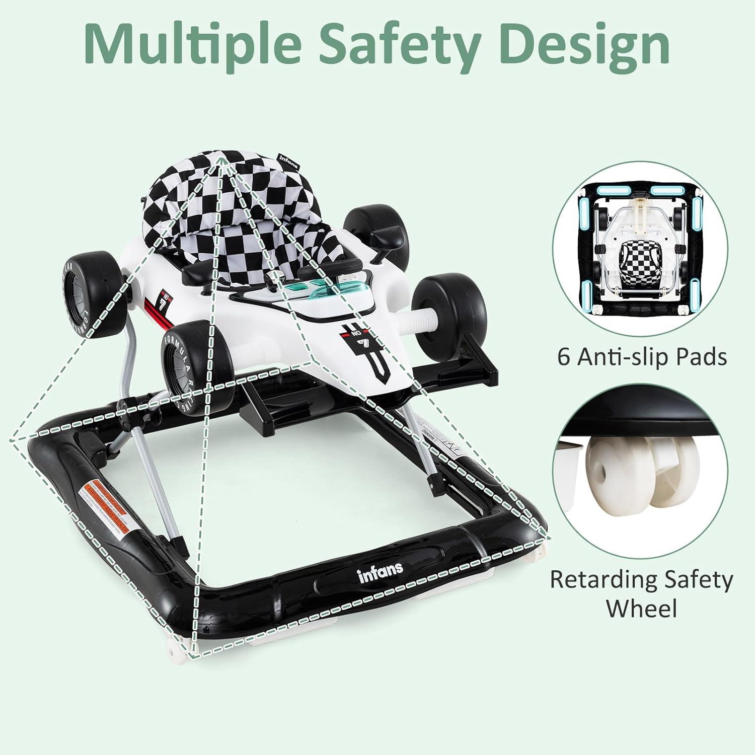 imageINFANS 4 in 1 Baby Walker Foldable Toddler Activity Center with Adjustable Height Padded Seat Music Light Removable Tray Push Walker for Girls Boys Aged 618 Months RedIvory