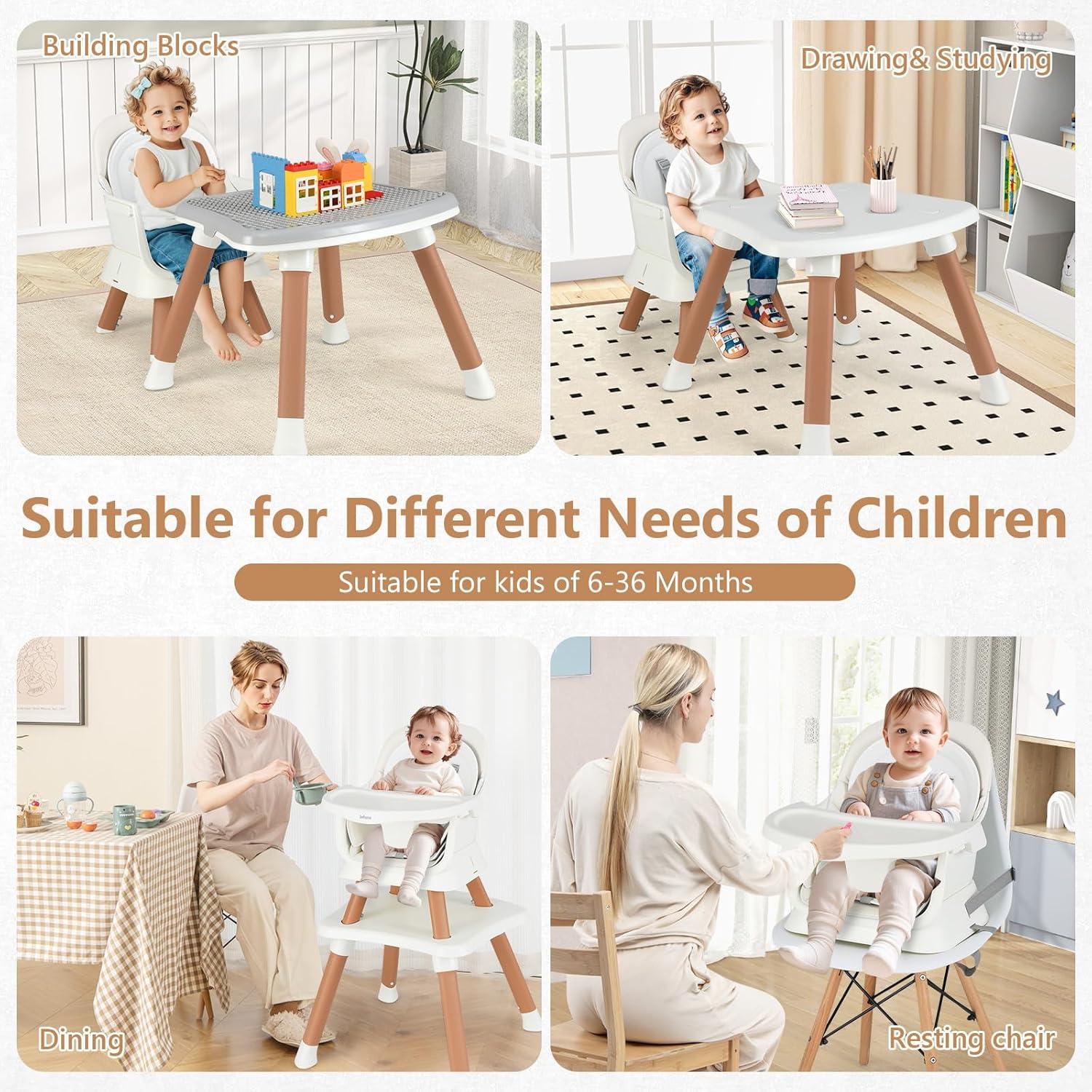 imageINFANS 8 in 1 Baby High Chair Convertible Highchair for Babies and Toddlers Infant Dining Booster Seat Building Block Table Kids Stool Table Chair Set with Removable Tray 8 in 1 Light BrownWhite