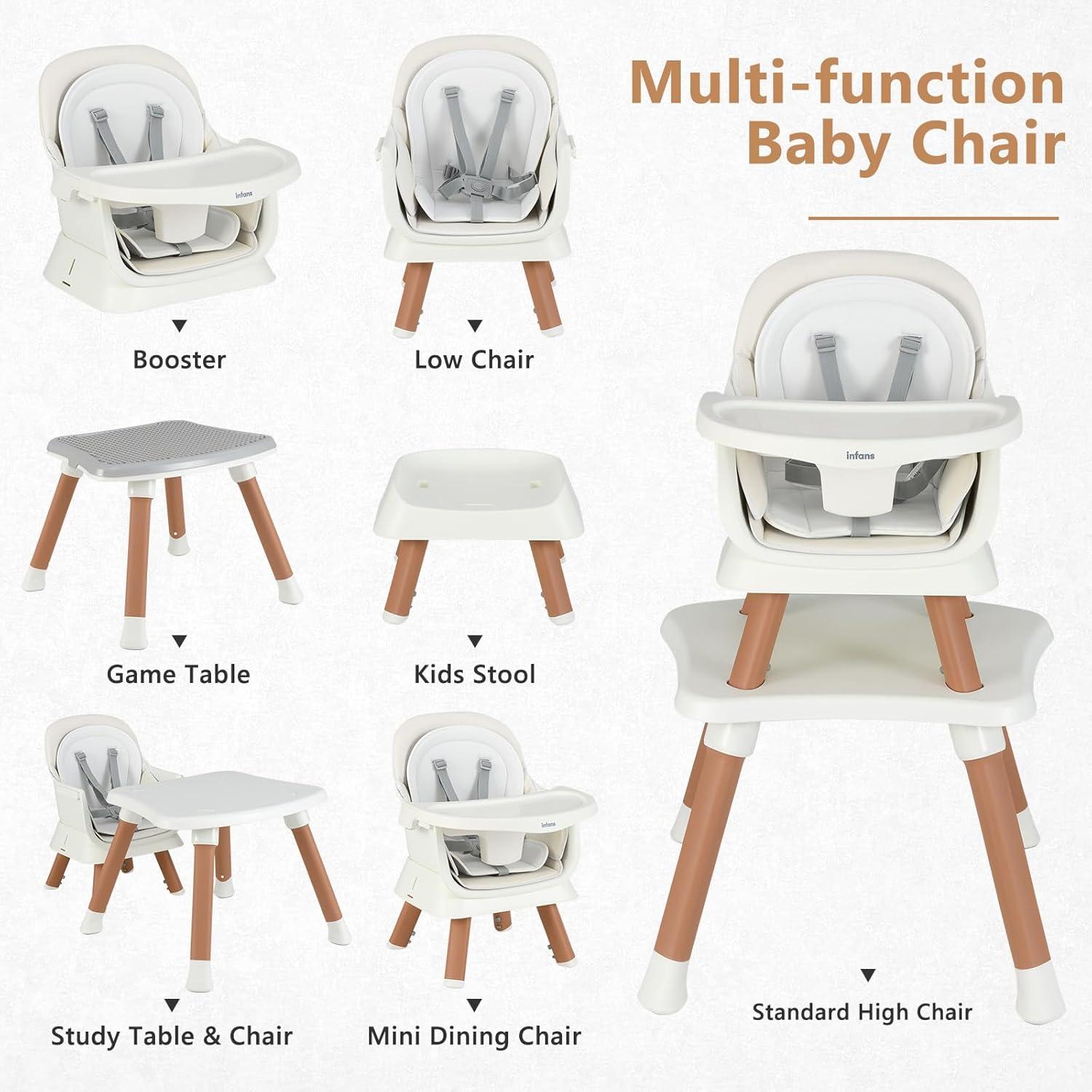 imageINFANS 8 in 1 Baby High Chair Convertible Highchair for Babies and Toddlers Infant Dining Booster Seat Building Block Table Kids Stool Table Chair Set with Removable Tray 8 in 1 Light BrownWhite