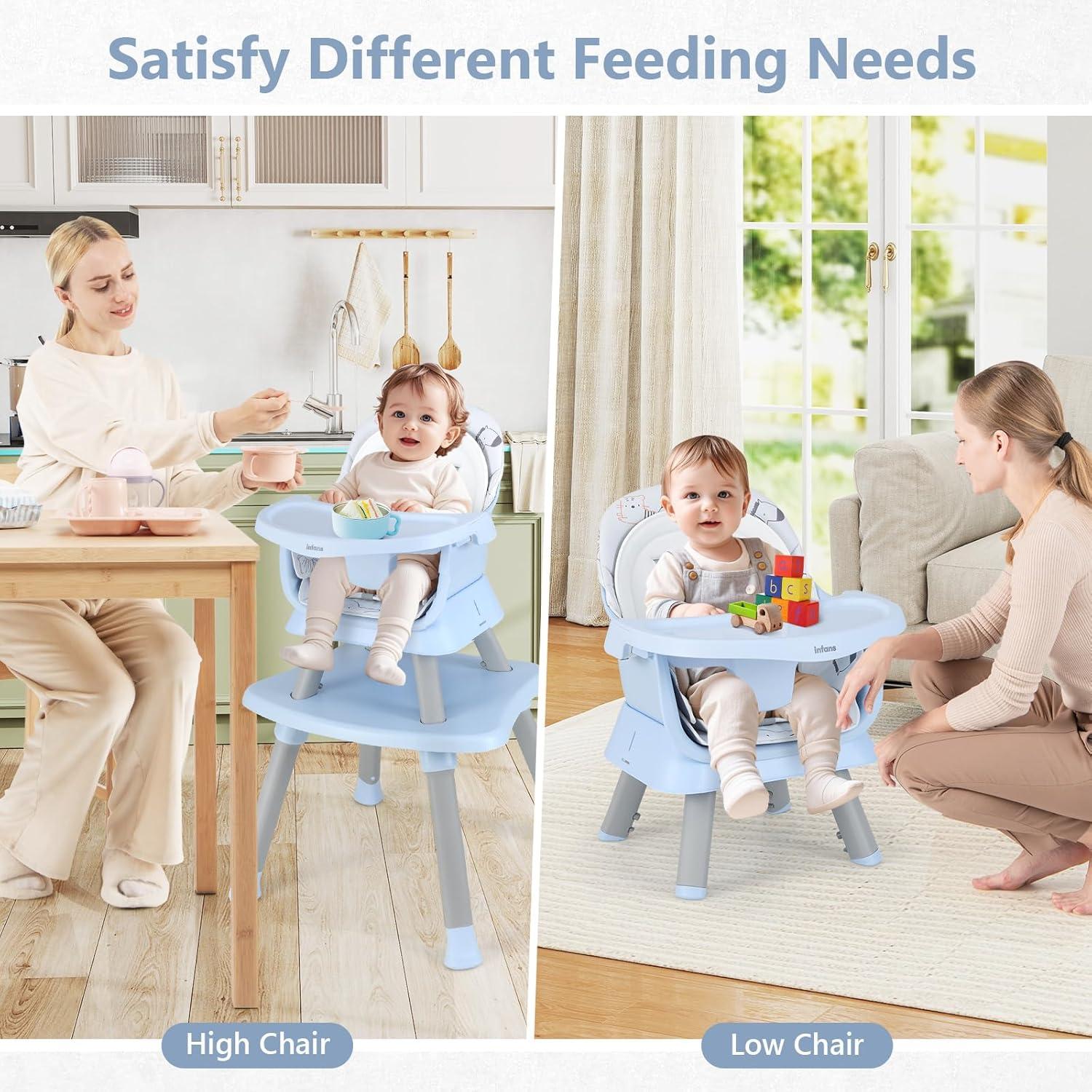 imageINFANS 8 in 1 Baby High Chair Convertible Highchair for Babies and Toddlers Infant Dining Booster Seat Building Block Table Kids Stool Table Chair Set with Removable Tray 8 in 1 Light BrownBlue