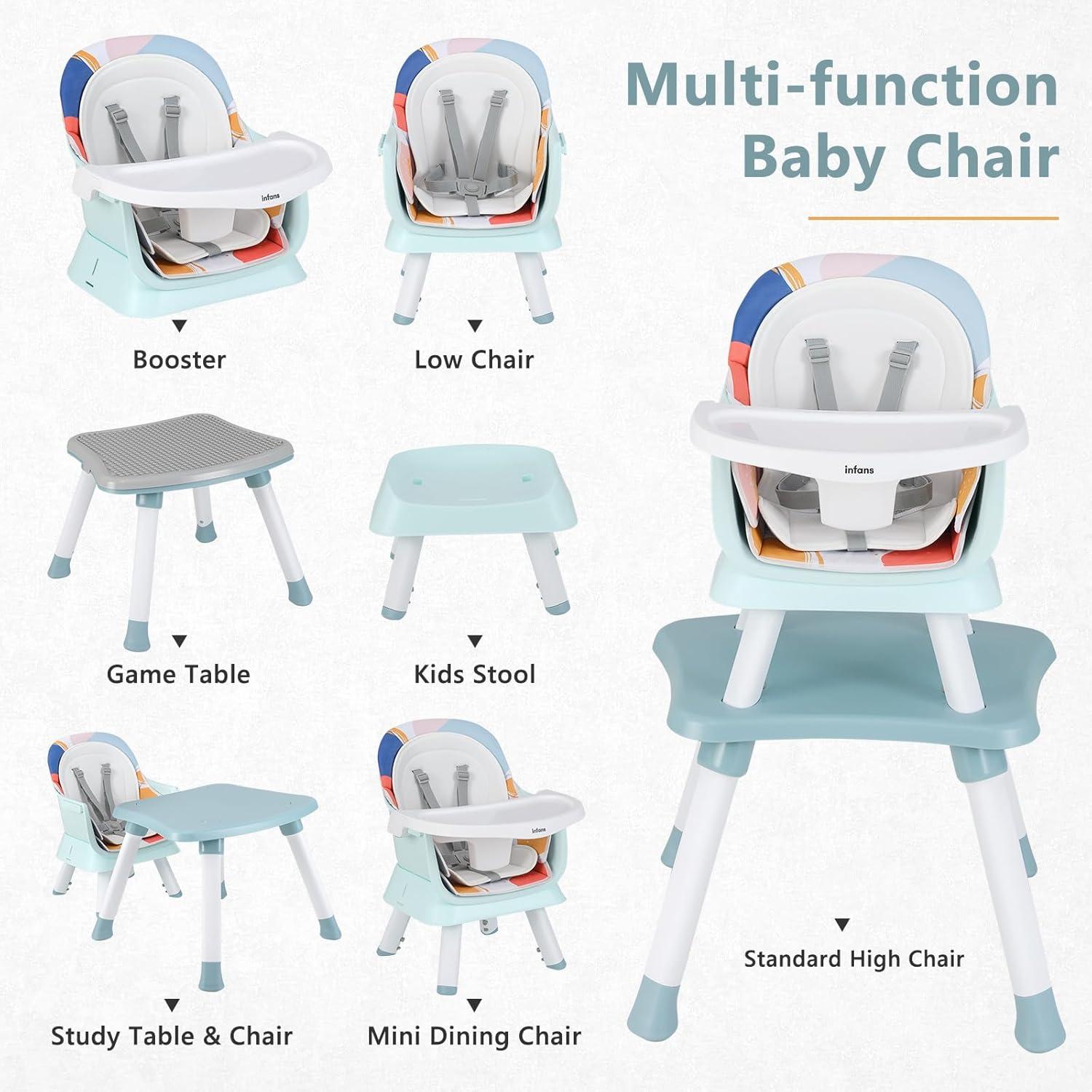 imageINFANS 8 in 1 Baby High Chair Convertible Highchair for Babies and Toddlers Infant Dining Booster Seat Building Block Table Kids Stool Table Chair Set with Removable Tray 8 in 1 Light BrownBaby Blue