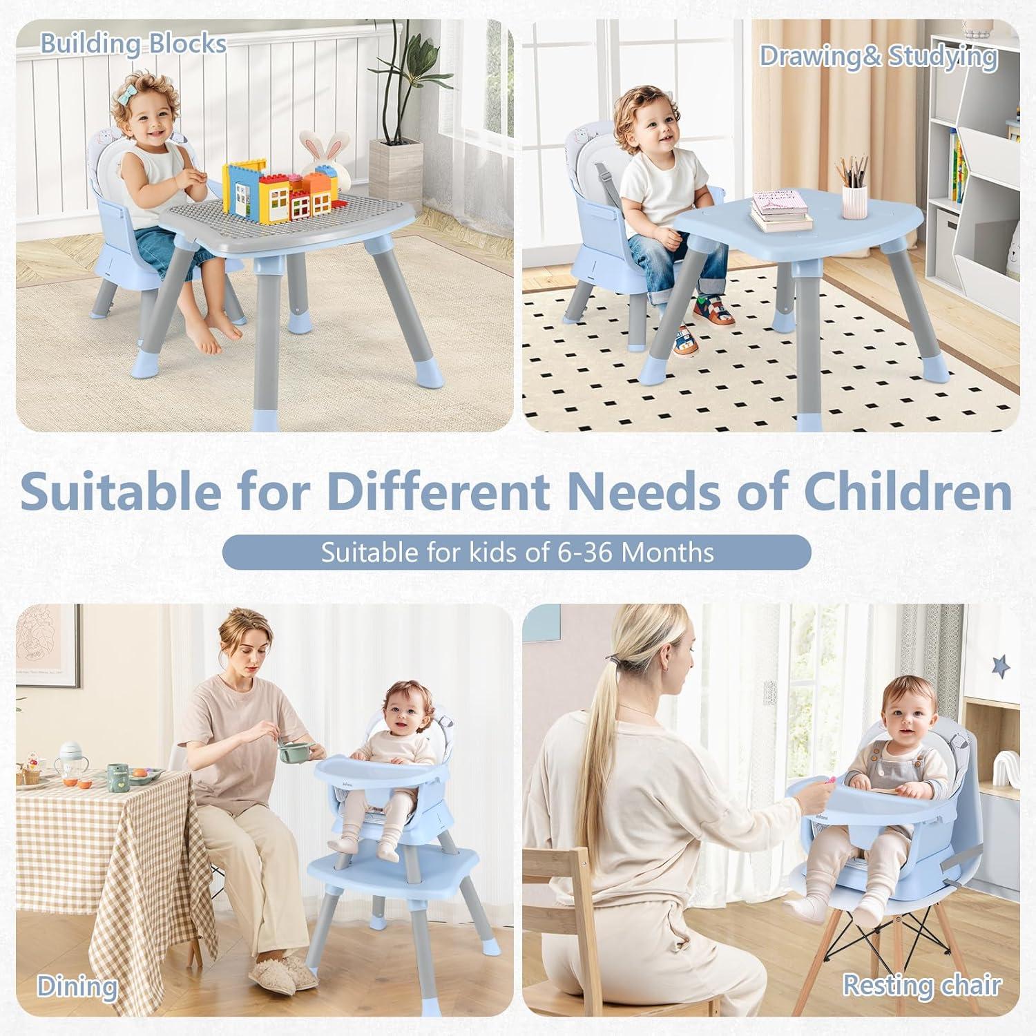 imageINFANS 8 in 1 Baby High Chair Convertible Highchair for Babies and Toddlers Infant Dining Booster Seat Building Block Table Kids Stool Table Chair Set with Removable Tray 8 in 1 Light BrownBlue