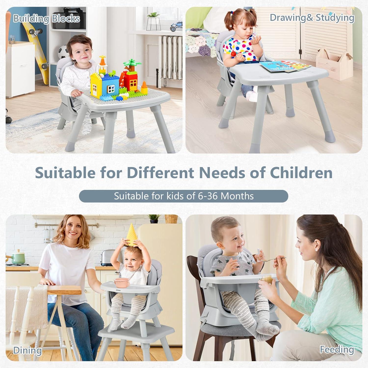 imageINFANS 8 in 1 Baby High Chair Convertible Highchair for Babies and Toddlers Infant Dining Booster Seat Building Block Table Kids Stool Table Chair Set with Removable Tray 8 in 1 Light BrownGrey