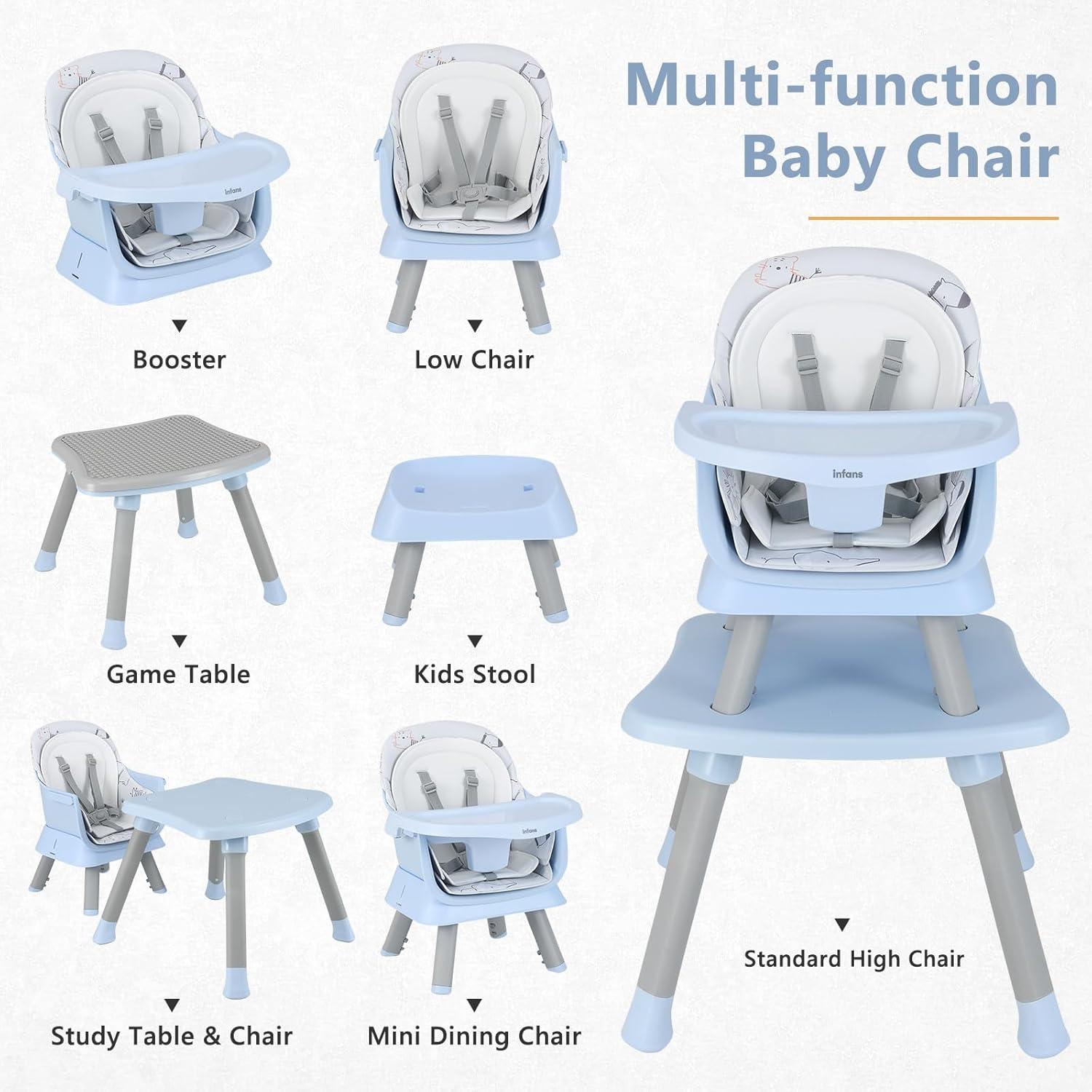 imageINFANS 8 in 1 Baby High Chair Convertible Highchair for Babies and Toddlers Infant Dining Booster Seat Building Block Table Kids Stool Table Chair Set with Removable Tray 8 in 1 Light BrownBlue