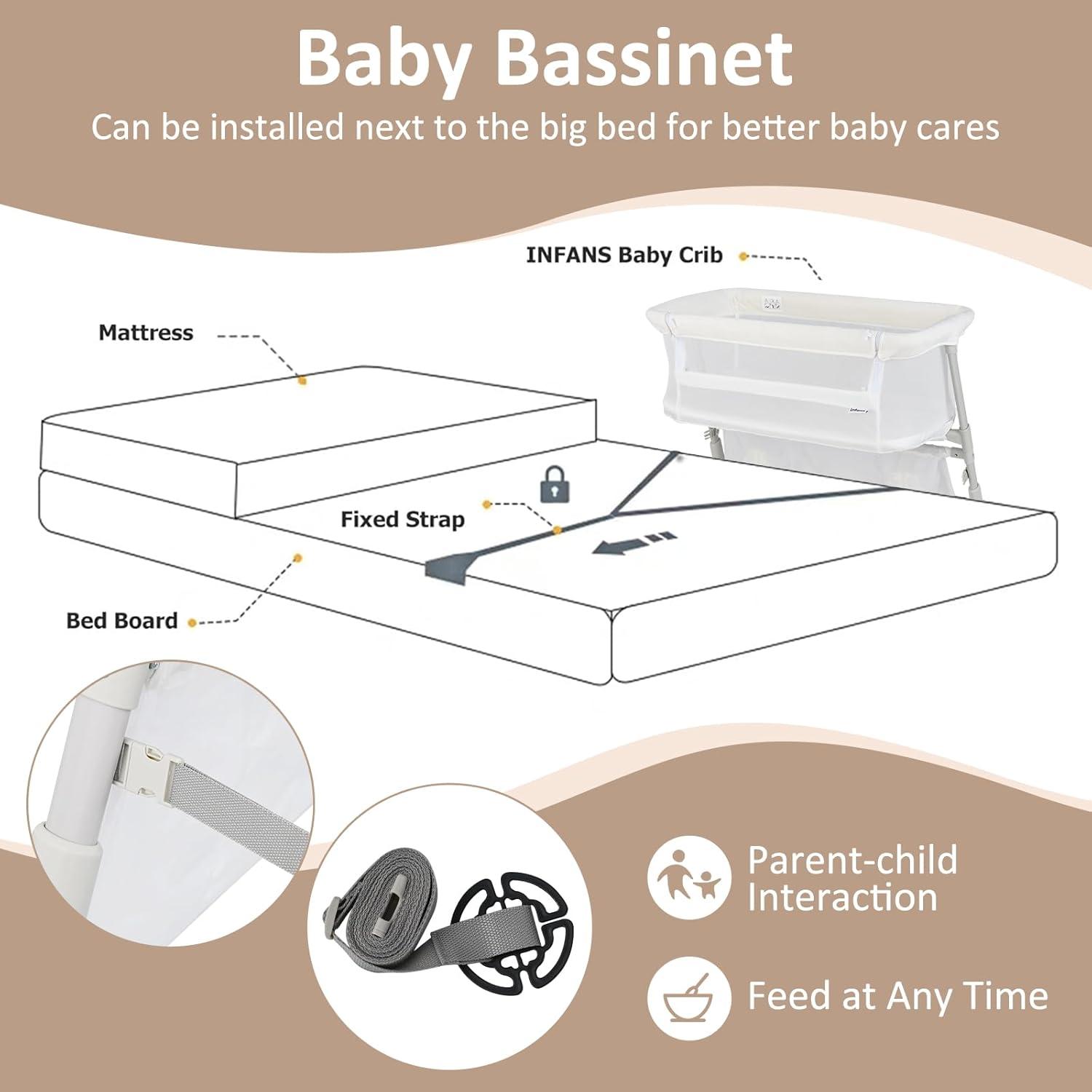 imageINFANS Baby Bedside Bassinet OverBed Baby Bassinet with Adjustable Height Safe Close Sleeping Storage Lowering Wall for Easy Access Newborn Infant Girls Boys Aged 618 Months BeigeWhite