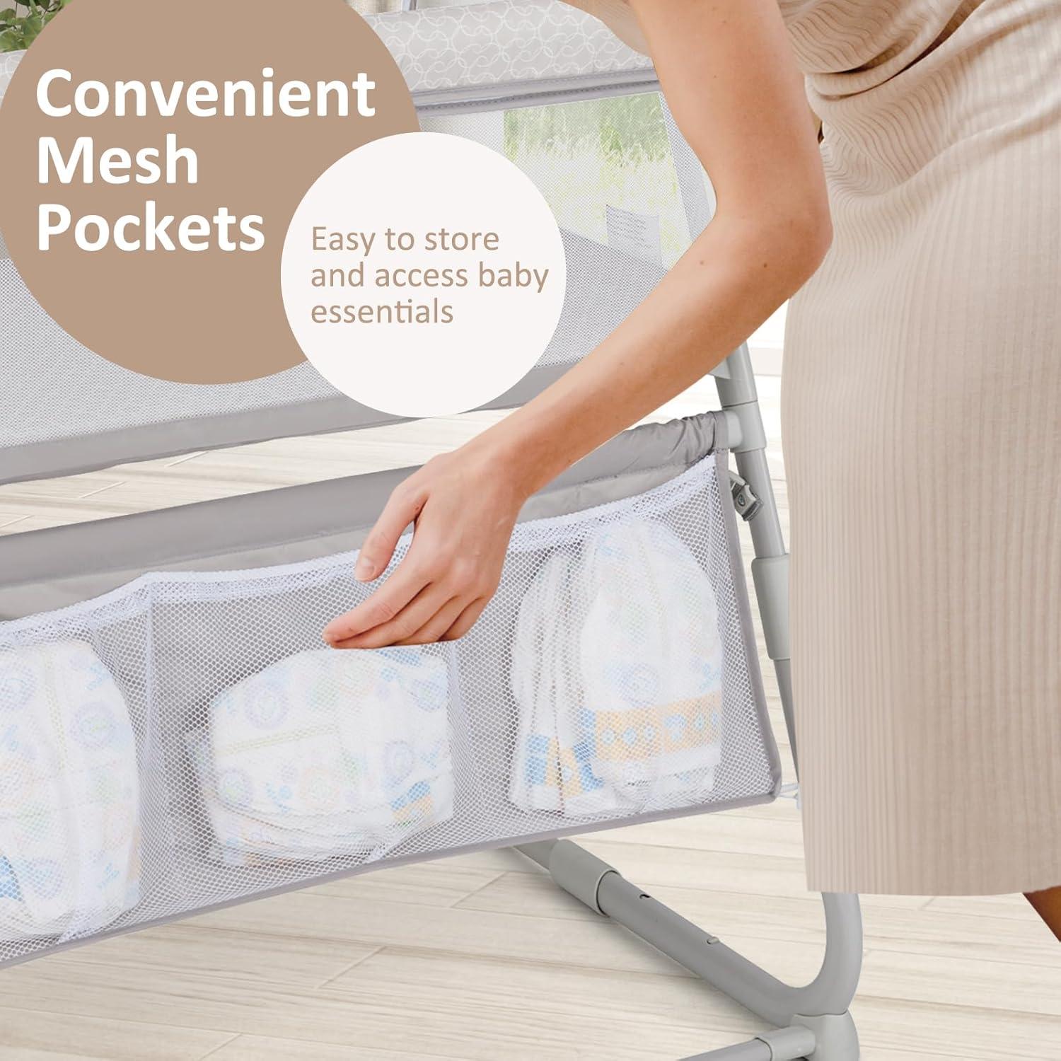 imageINFANS Baby Bedside Bassinet OverBed Baby Bassinet with Adjustable Height Safe Close Sleeping Storage Lowering Wall for Easy Access Newborn Infant Girls Boys Aged 618 Months BeigeBeige