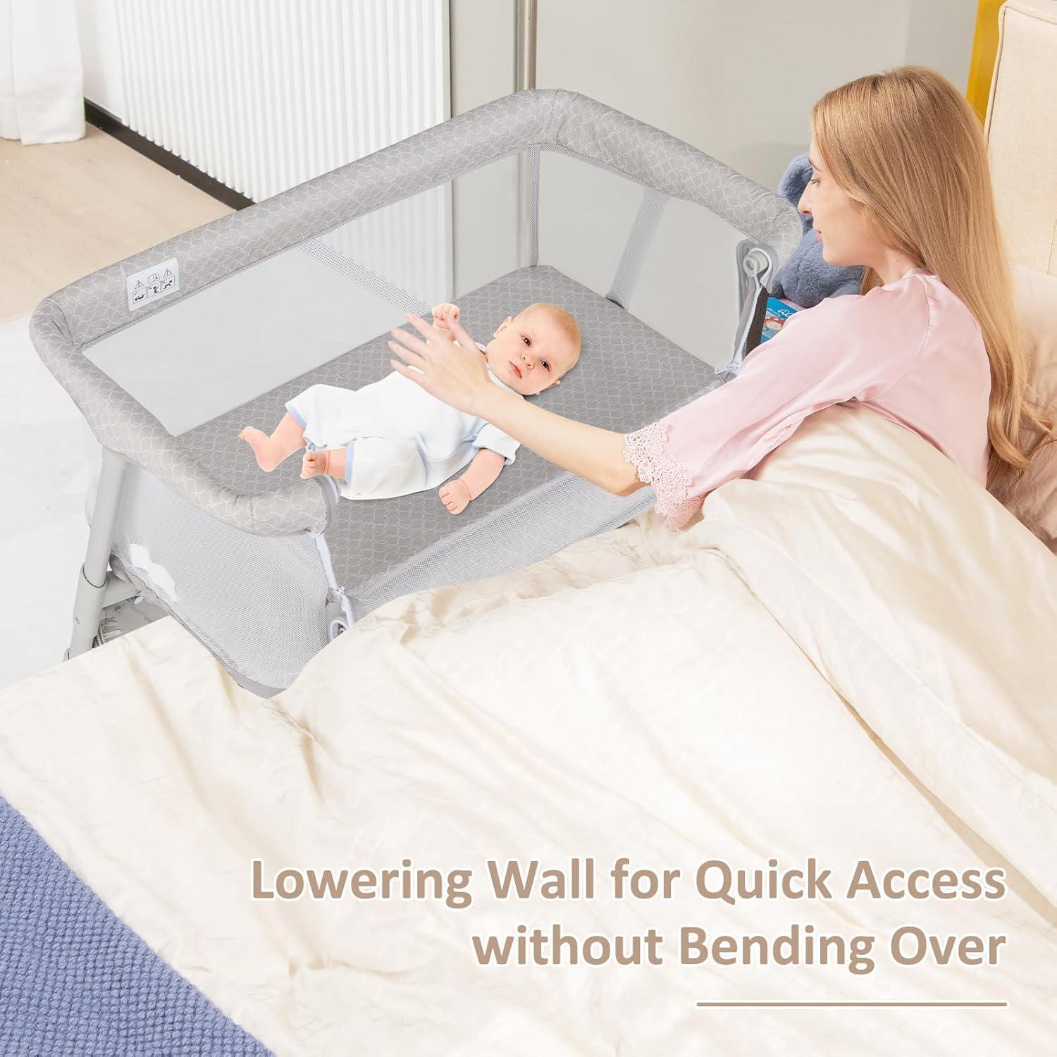 imageINFANS Baby Bedside Bassinet OverBed Baby Bassinet with Adjustable Height Safe Close Sleeping Storage Lowering Wall for Easy Access Newborn Infant Girls Boys Aged 618 Months BeigeBeige