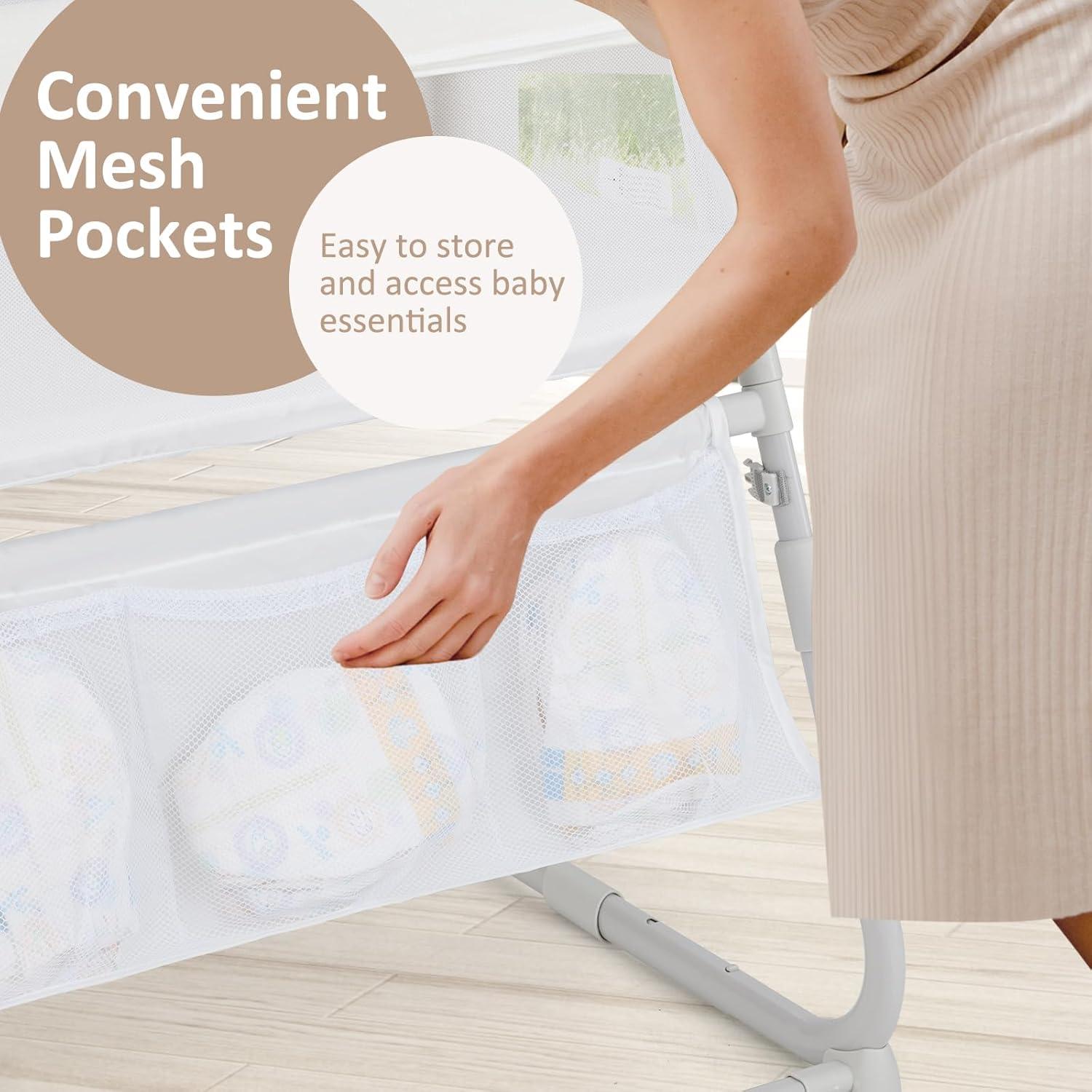 imageINFANS Baby Bedside Bassinet OverBed Baby Bassinet with Adjustable Height Safe Close Sleeping Storage Lowering Wall for Easy Access Newborn Infant Girls Boys Aged 618 Months BeigeWhite