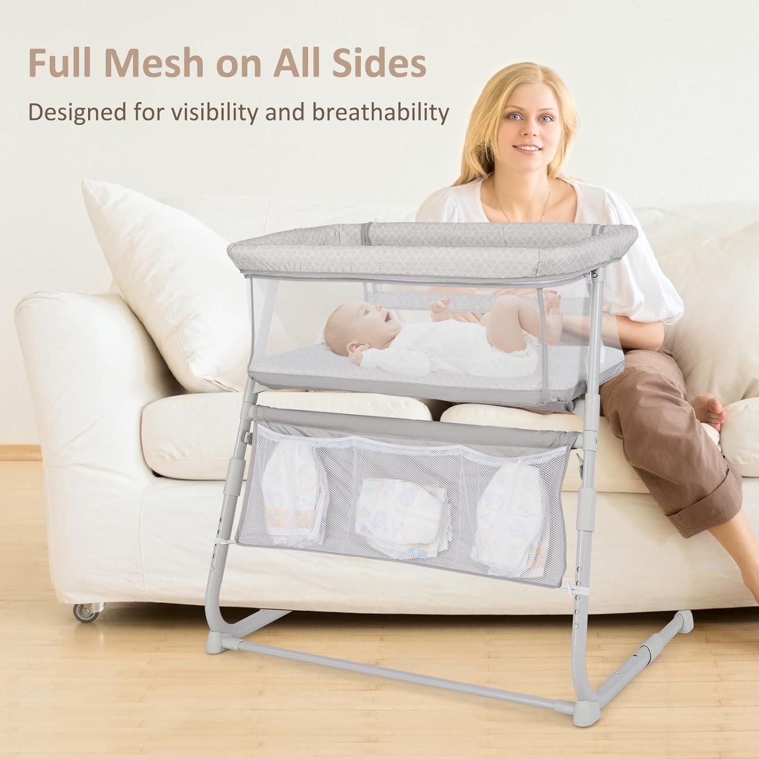 imageINFANS Baby Bedside Bassinet OverBed Baby Bassinet with Adjustable Height Safe Close Sleeping Storage Lowering Wall for Easy Access Newborn Infant Girls Boys Aged 618 Months BeigeBeige