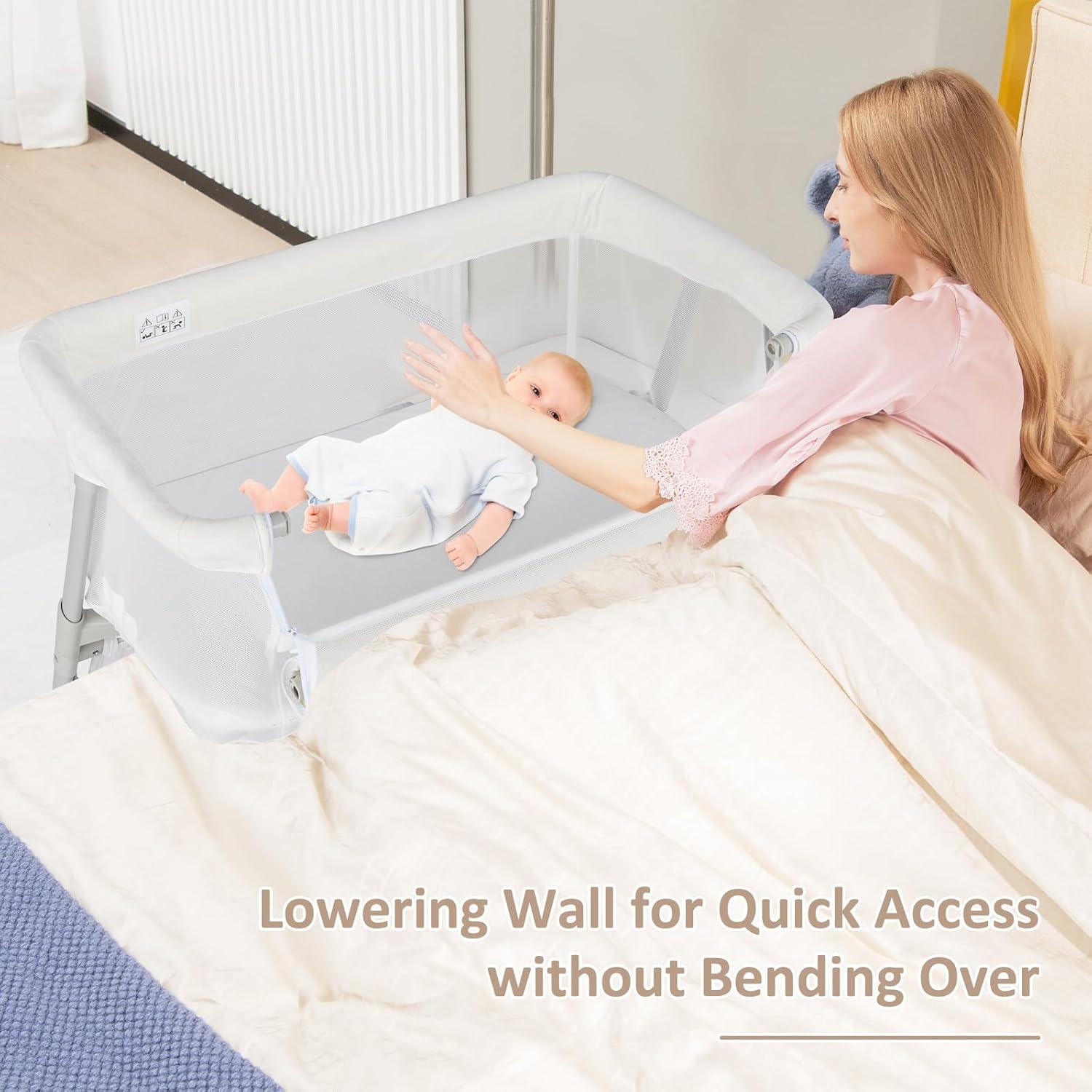 imageINFANS Baby Bedside Bassinet OverBed Baby Bassinet with Adjustable Height Safe Close Sleeping Storage Lowering Wall for Easy Access Newborn Infant Girls Boys Aged 618 Months BeigeWhite