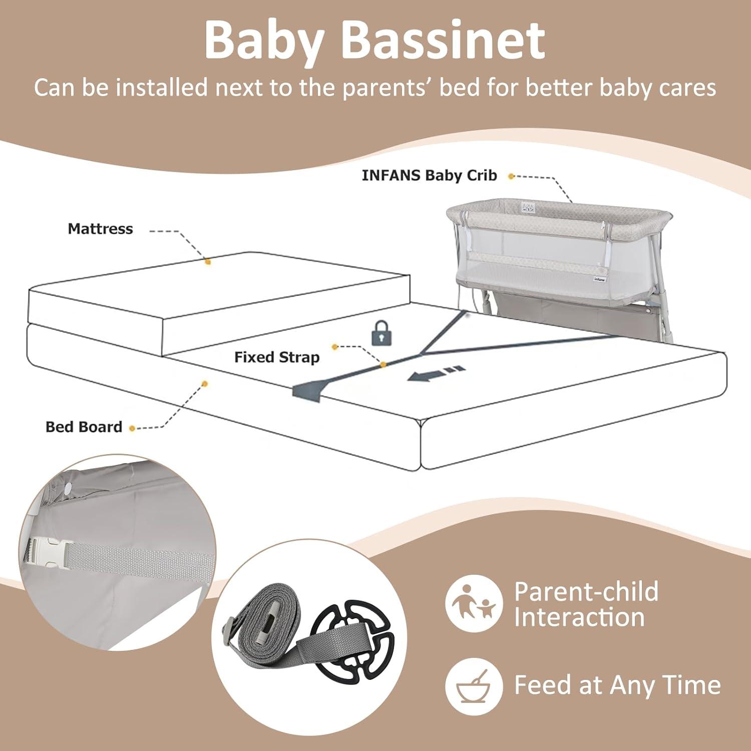 imageINFANS Baby Bedside Bassinet OverBed Baby Bassinet with Adjustable Height Safe Close Sleeping Storage Lowering Wall for Easy Access Newborn Infant Girls Boys Aged 618 Months BeigeBeige