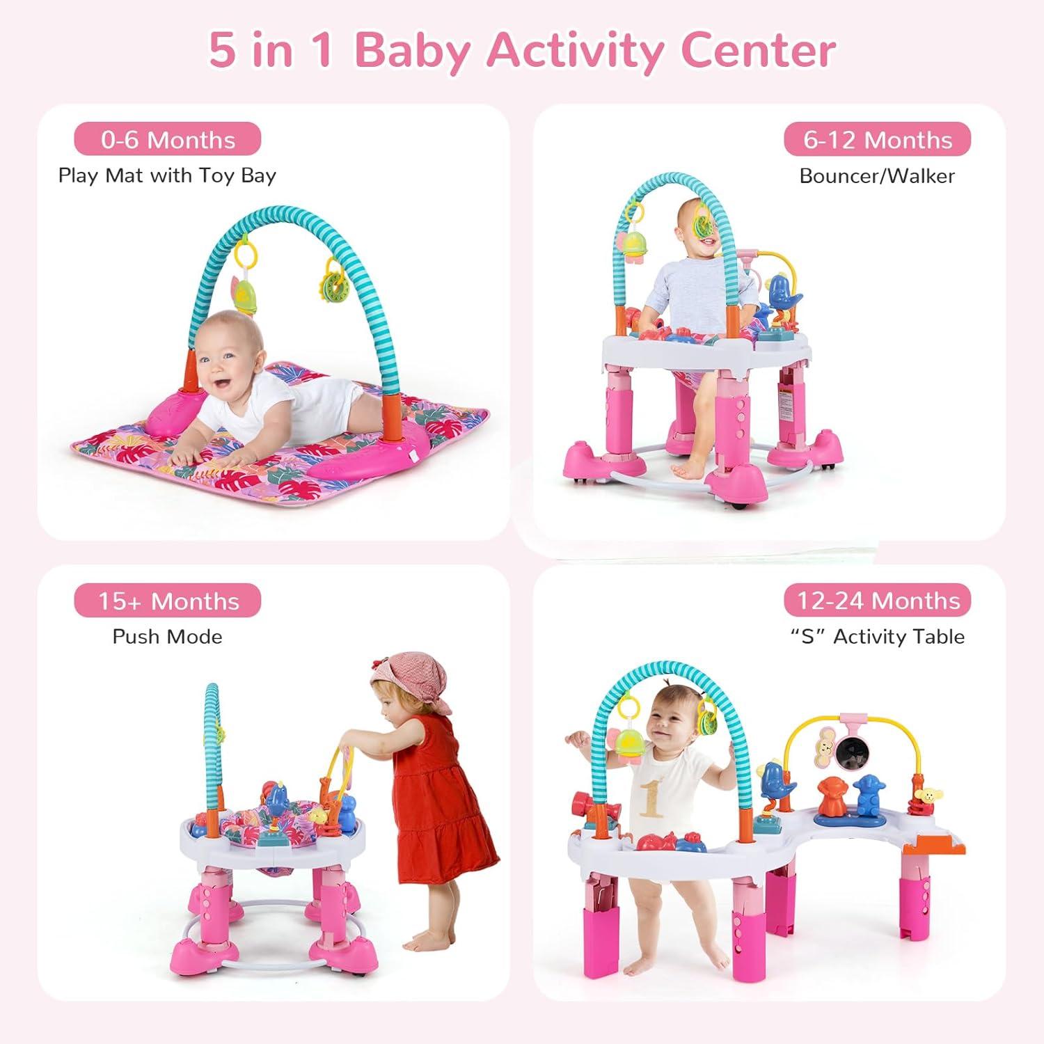 imageINFANS Baby Bouncer Activity Center 5 in 1 Toddler Bouncing Activity Saucer Playtime Mat Activity Table with 360Rotating Seat 3 Adjustable Height Foldable Exersaucer Learning Walker Pink