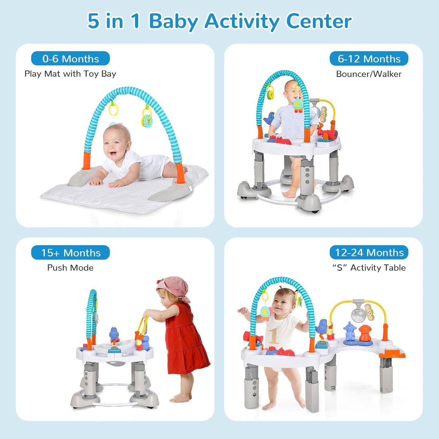imageINFANS Baby Bouncer Activity Center 5 in 1 Toddler Bouncing Activity Saucer Playtime Mat Activity Table with 360Rotating Seat 3 Adjustable Height Foldable Exersaucer Learning Walker Grey