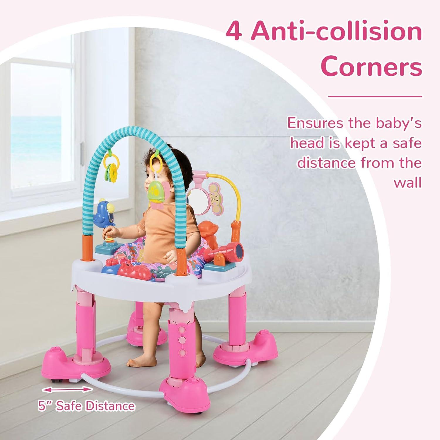imageINFANS Baby Bouncer Activity Center 5 in 1 Toddler Bouncing Activity Saucer Playtime Mat Activity Table with 360Rotating Seat 3 Adjustable Height Foldable Exersaucer Learning Walker Pink