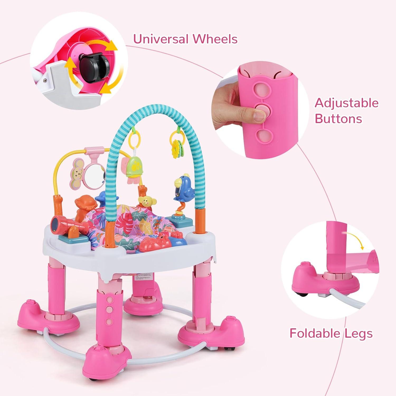 imageINFANS Baby Bouncer Activity Center 5 in 1 Toddler Bouncing Activity Saucer Playtime Mat Activity Table with 360Rotating Seat 3 Adjustable Height Foldable Exersaucer Learning Walker Pink