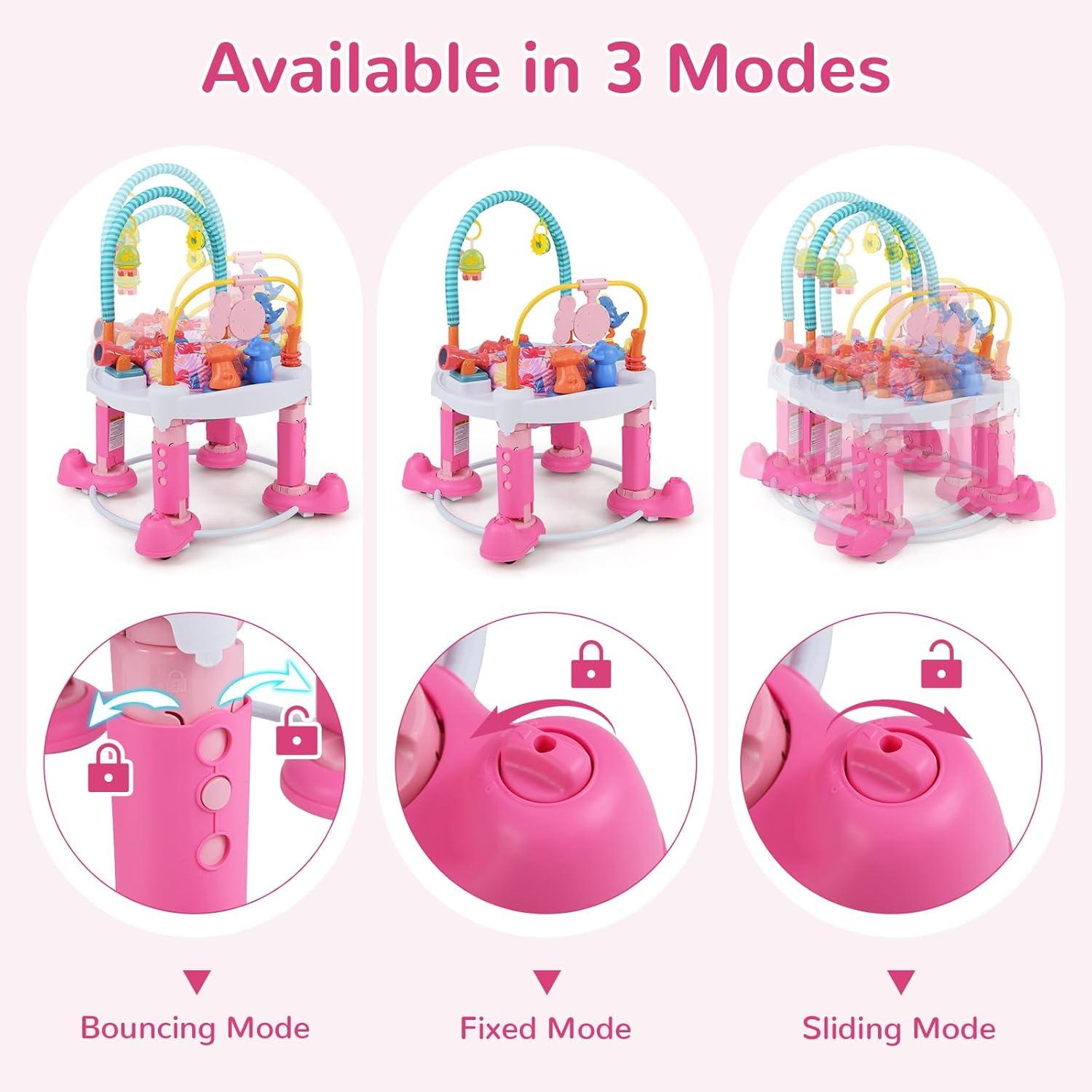 imageINFANS Baby Bouncer Activity Center 5 in 1 Toddler Bouncing Activity Saucer Playtime Mat Activity Table with 360Rotating Seat 3 Adjustable Height Foldable Exersaucer Learning Walker Pink