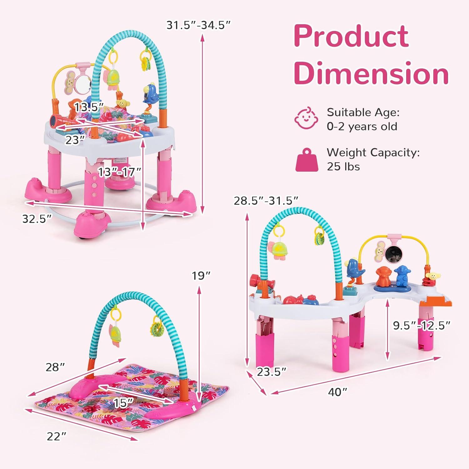 imageINFANS Baby Bouncer Activity Center 5 in 1 Toddler Bouncing Activity Saucer Playtime Mat Activity Table with 360Rotating Seat 3 Adjustable Height Foldable Exersaucer Learning Walker Pink