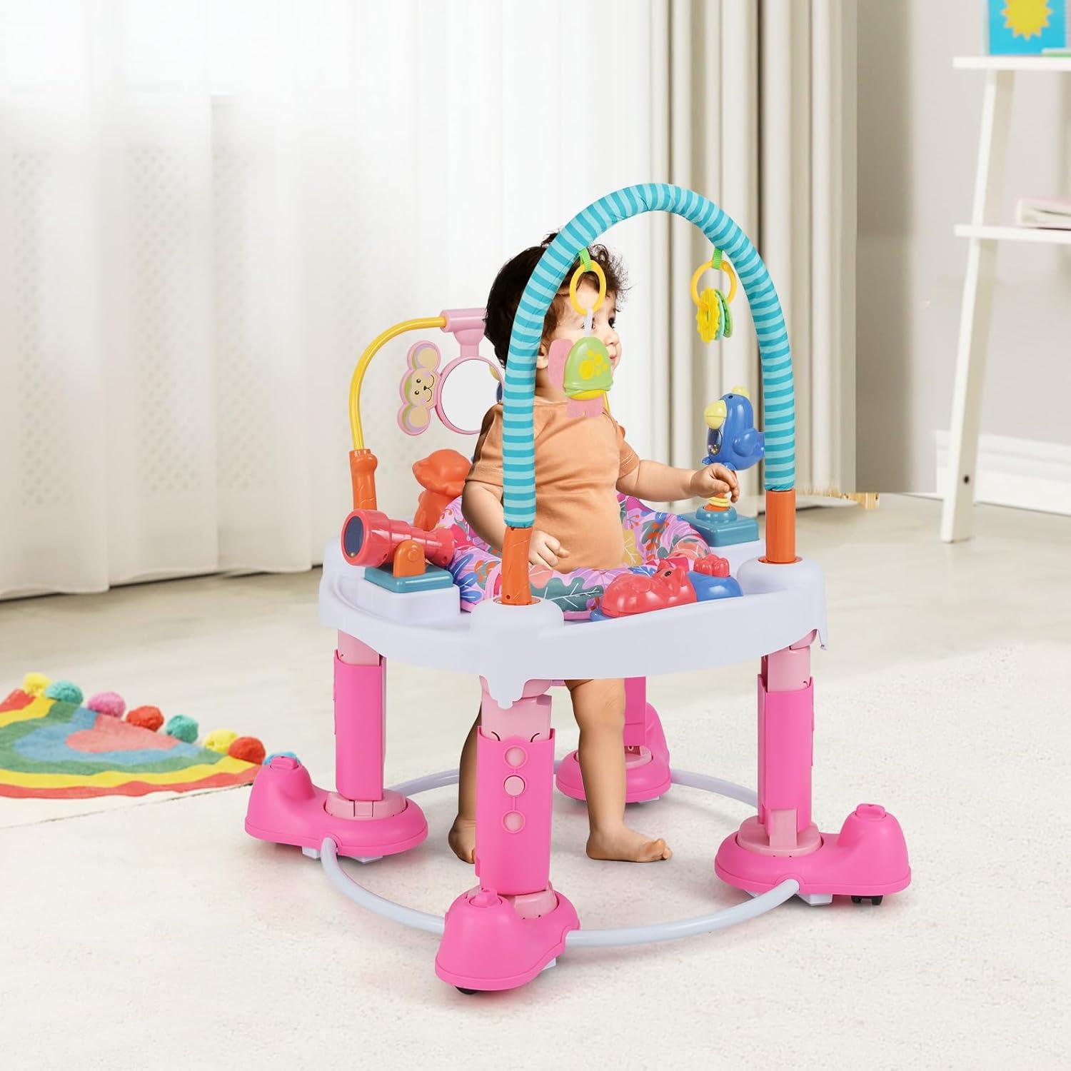 imageINFANS Baby Bouncer Activity Center 5 in 1 Toddler Bouncing Activity Saucer Playtime Mat Activity Table with 360Rotating Seat 3 Adjustable Height Foldable Exersaucer Learning Walker Pink