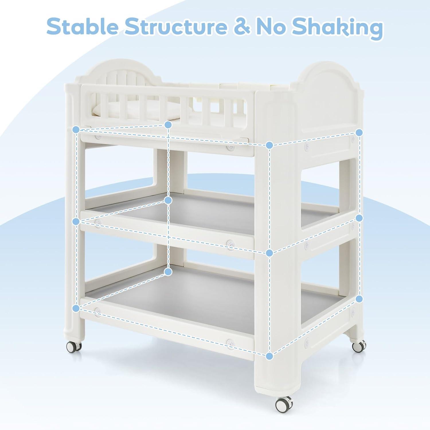 imageINFANS Baby Changing Table Diaper Dresser Station with Latex Pad and Pillow 3 Hanging Boxes 2 Storage Racks Lockable Wheels Mobile Nursery Organizer for Newborn Infant with Boxes