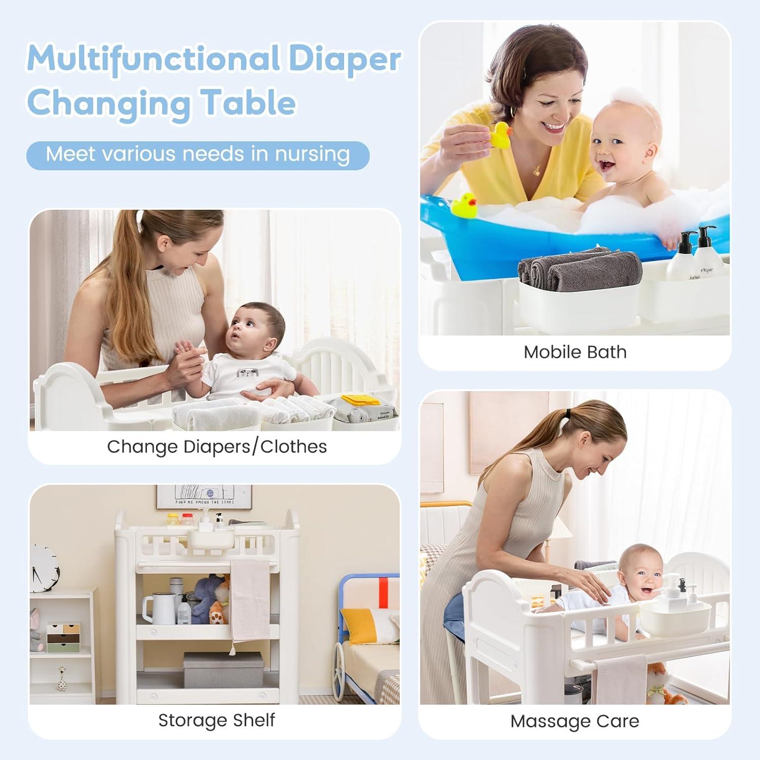 imageINFANS Baby Changing Table Diaper Dresser Station with Latex Pad and Pillow 3 Hanging Boxes 2 Storage Racks Lockable Wheels Mobile Nursery Organizer for Newborn Infant with Boxes