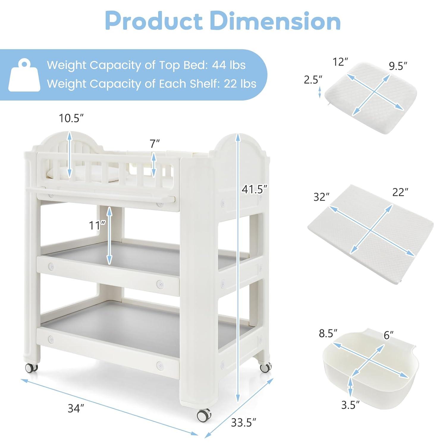 imageINFANS Baby Changing Table Diaper Dresser Station with Latex Pad and Pillow 3 Hanging Boxes 2 Storage Racks Lockable Wheels Mobile Nursery Organizer for Newborn Infant with Boxes