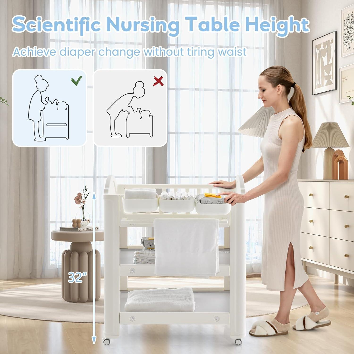 imageINFANS Baby Changing Table Diaper Dresser Station with Latex Pad and Pillow 3 Hanging Boxes 2 Storage Racks Lockable Wheels Mobile Nursery Organizer for Newborn Infant with Boxes