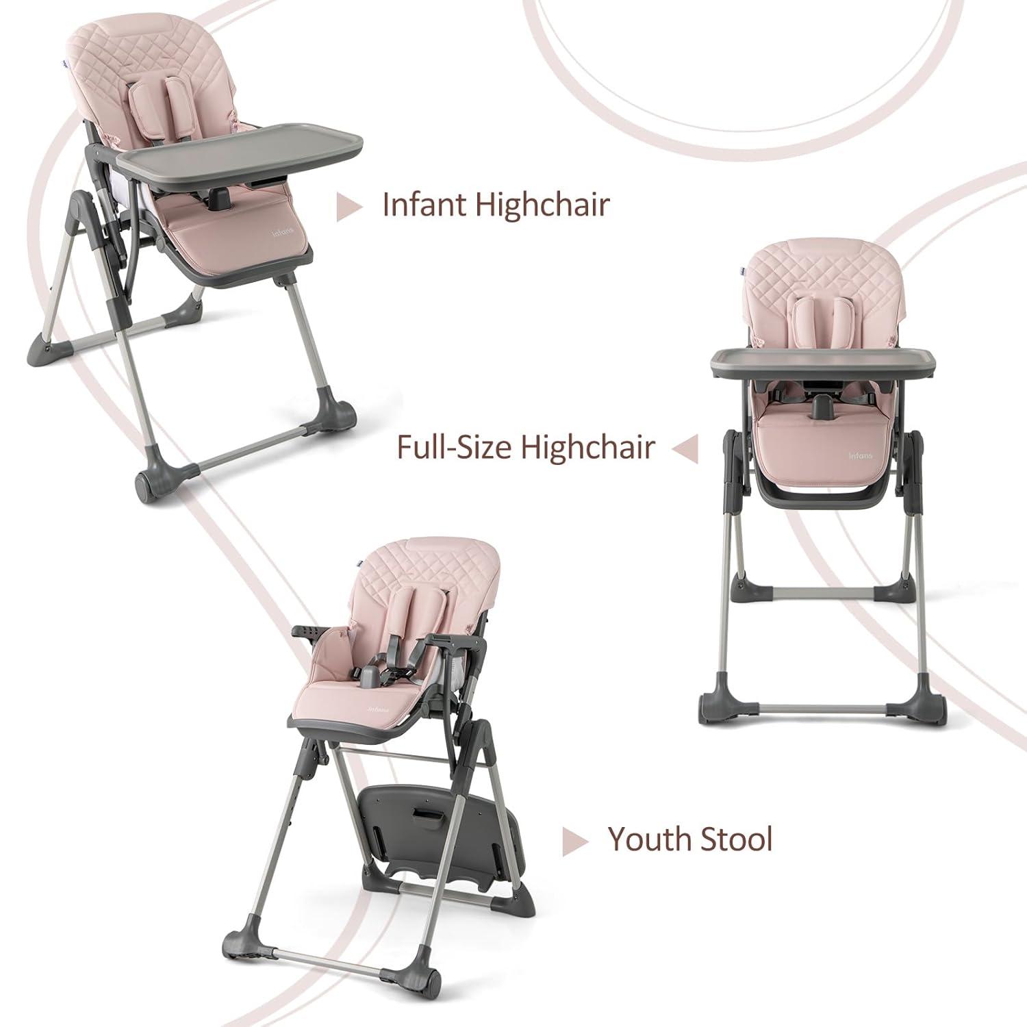 imageINFANS Baby High Chair Convertible Quick Folding Portable Highchair for Babies and Toddlers with Adjustable Height Backrest Footrest 2 Wheels Removable Tray Easy to Clean PU Seat PinkPink