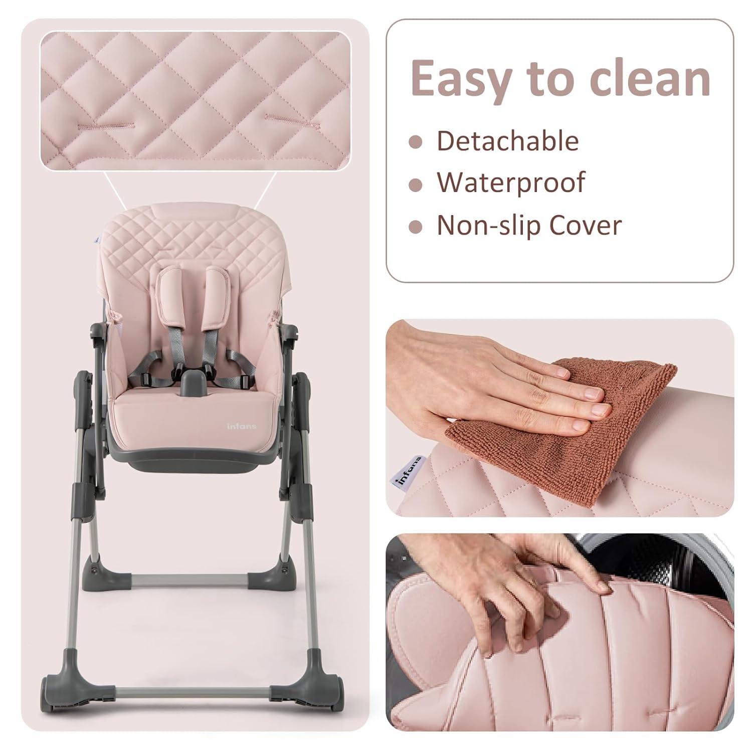 imageINFANS Baby High Chair Convertible Quick Folding Portable Highchair for Babies and Toddlers with Adjustable Height Backrest Footrest 2 Wheels Removable Tray Easy to Clean PU Seat PinkPink
