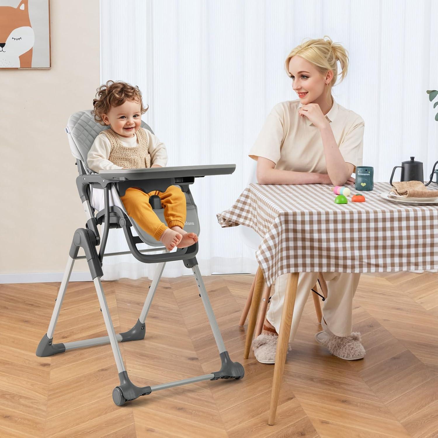 imageINFANS Baby High Chair Convertible Quick Folding Portable Highchair for Babies and Toddlers with Adjustable Height Backrest Footrest 2 Wheels Removable Tray Easy to Clean PU Seat PinkGrey