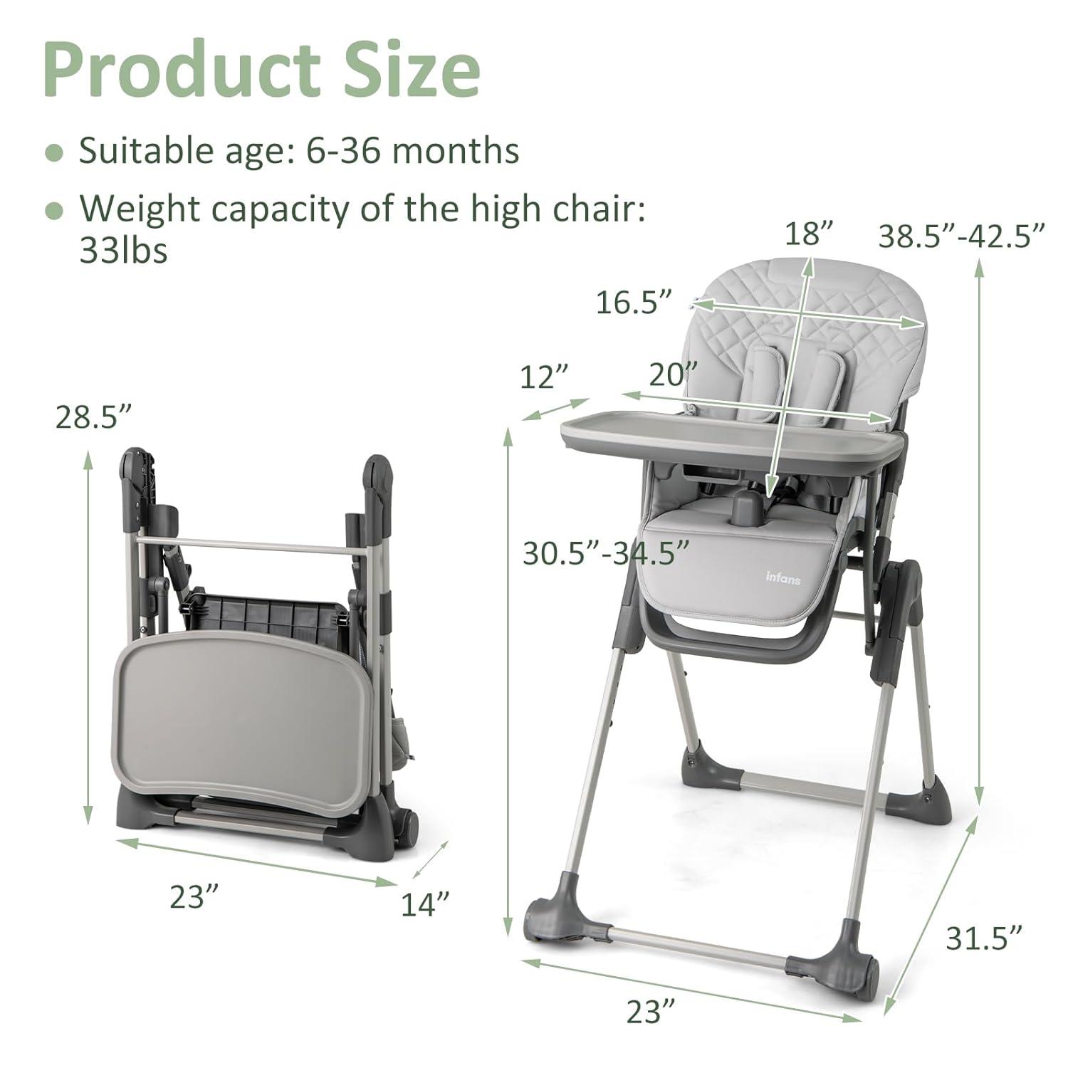 imageINFANS Baby High Chair Convertible Quick Folding Portable Highchair for Babies and Toddlers with Adjustable Height Backrest Footrest 2 Wheels Removable Tray Easy to Clean PU Seat PinkGrey