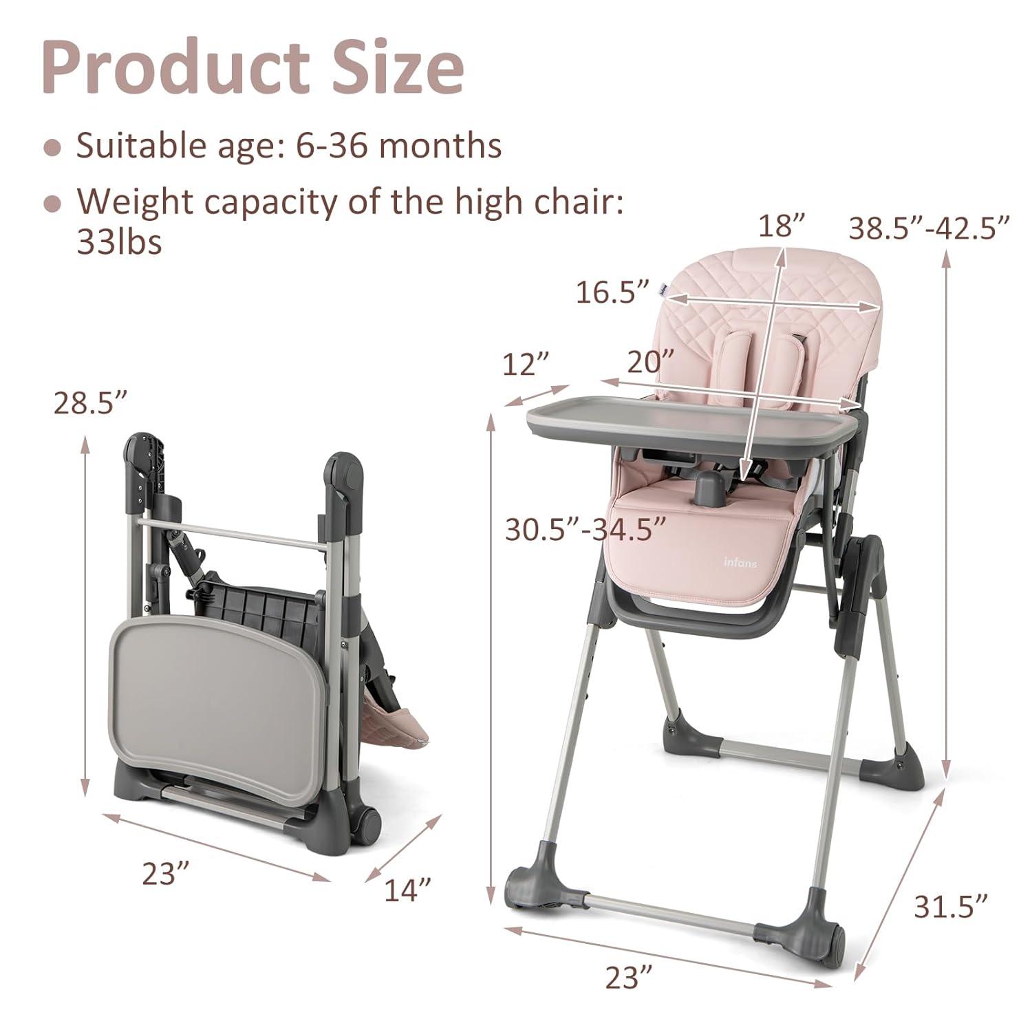 imageINFANS Baby High Chair Convertible Quick Folding Portable Highchair for Babies and Toddlers with Adjustable Height Backrest Footrest 2 Wheels Removable Tray Easy to Clean PU Seat PinkPink
