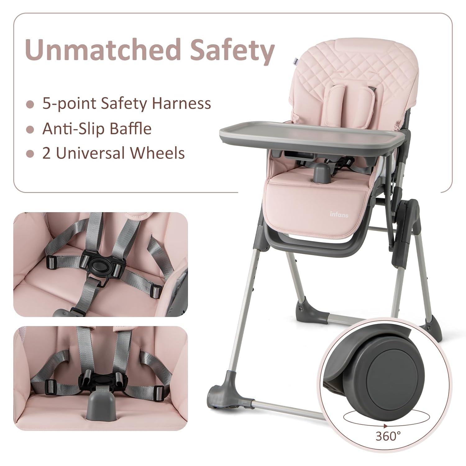 imageINFANS Baby High Chair Convertible Quick Folding Portable Highchair for Babies and Toddlers with Adjustable Height Backrest Footrest 2 Wheels Removable Tray Easy to Clean PU Seat PinkPink