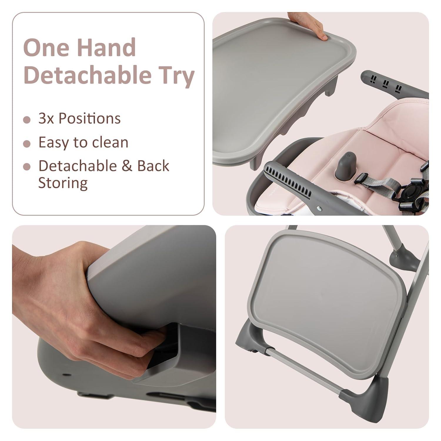 imageINFANS Baby High Chair Convertible Quick Folding Portable Highchair for Babies and Toddlers with Adjustable Height Backrest Footrest 2 Wheels Removable Tray Easy to Clean PU Seat PinkPink
