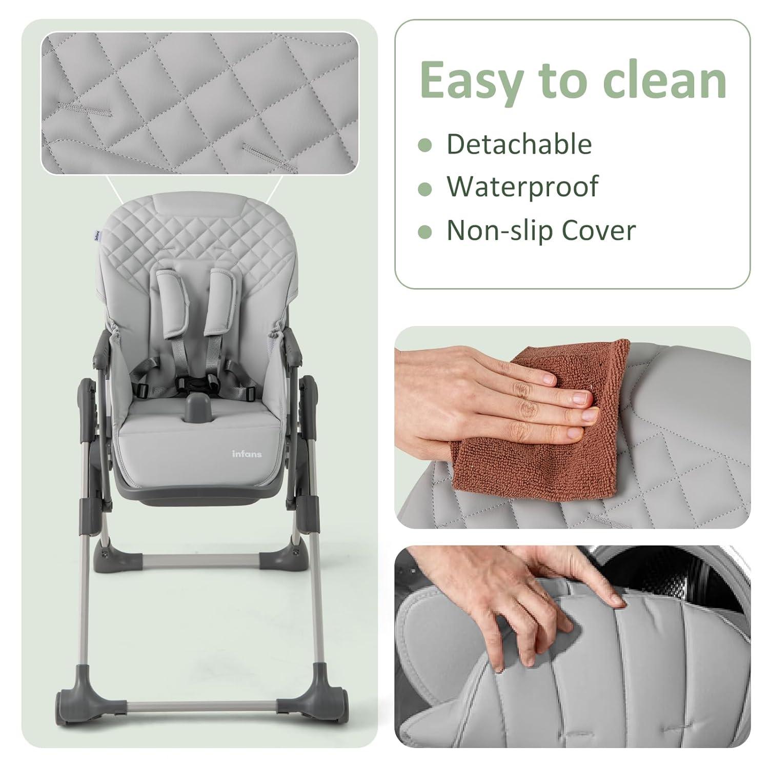 imageINFANS Baby High Chair Convertible Quick Folding Portable Highchair for Babies and Toddlers with Adjustable Height Backrest Footrest 2 Wheels Removable Tray Easy to Clean PU Seat PinkGrey