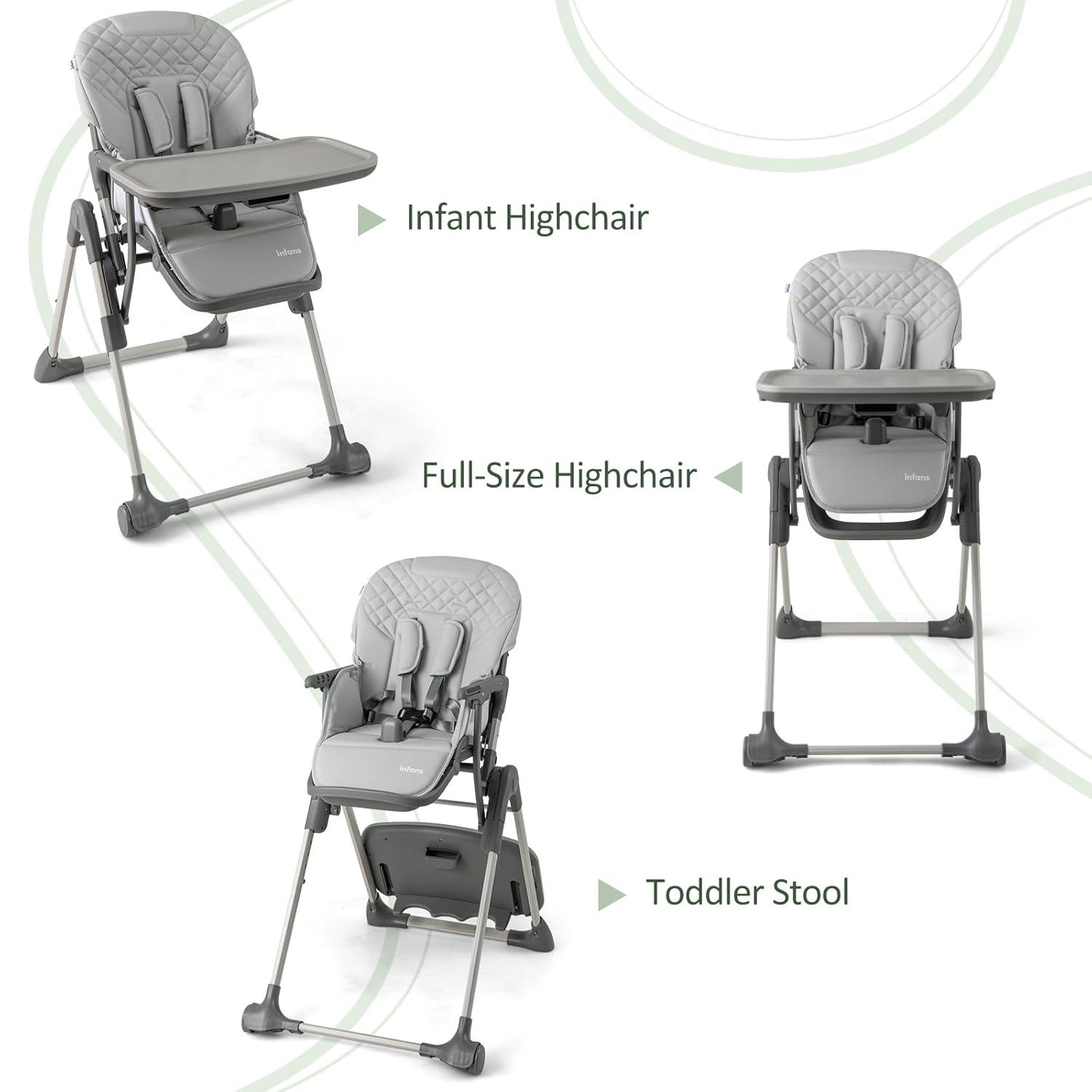 imageINFANS Baby High Chair Convertible Quick Folding Portable Highchair for Babies and Toddlers with Adjustable Height Backrest Footrest 2 Wheels Removable Tray Easy to Clean PU Seat PinkGrey