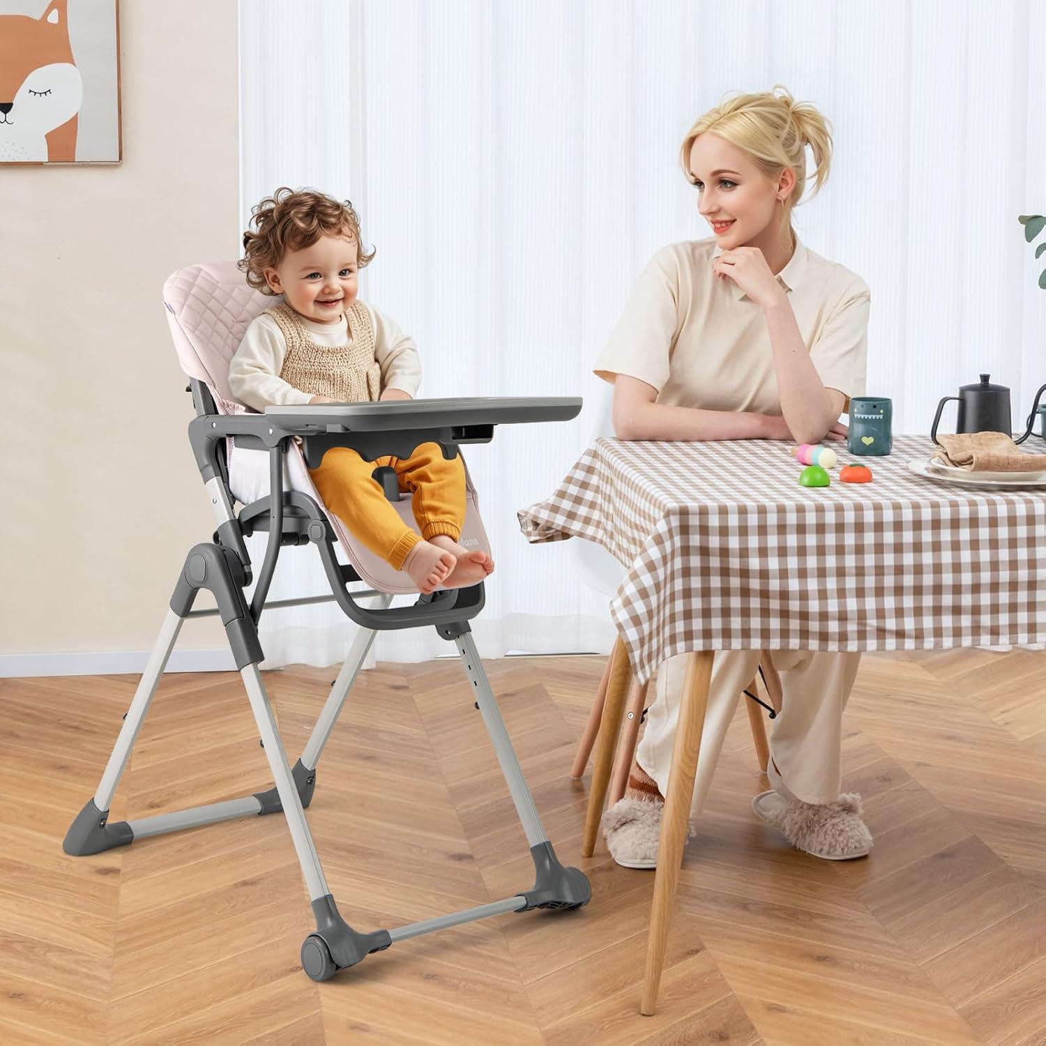 imageINFANS Baby High Chair Convertible Quick Folding Portable Highchair for Babies and Toddlers with Adjustable Height Backrest Footrest 2 Wheels Removable Tray Easy to Clean PU Seat PinkPink