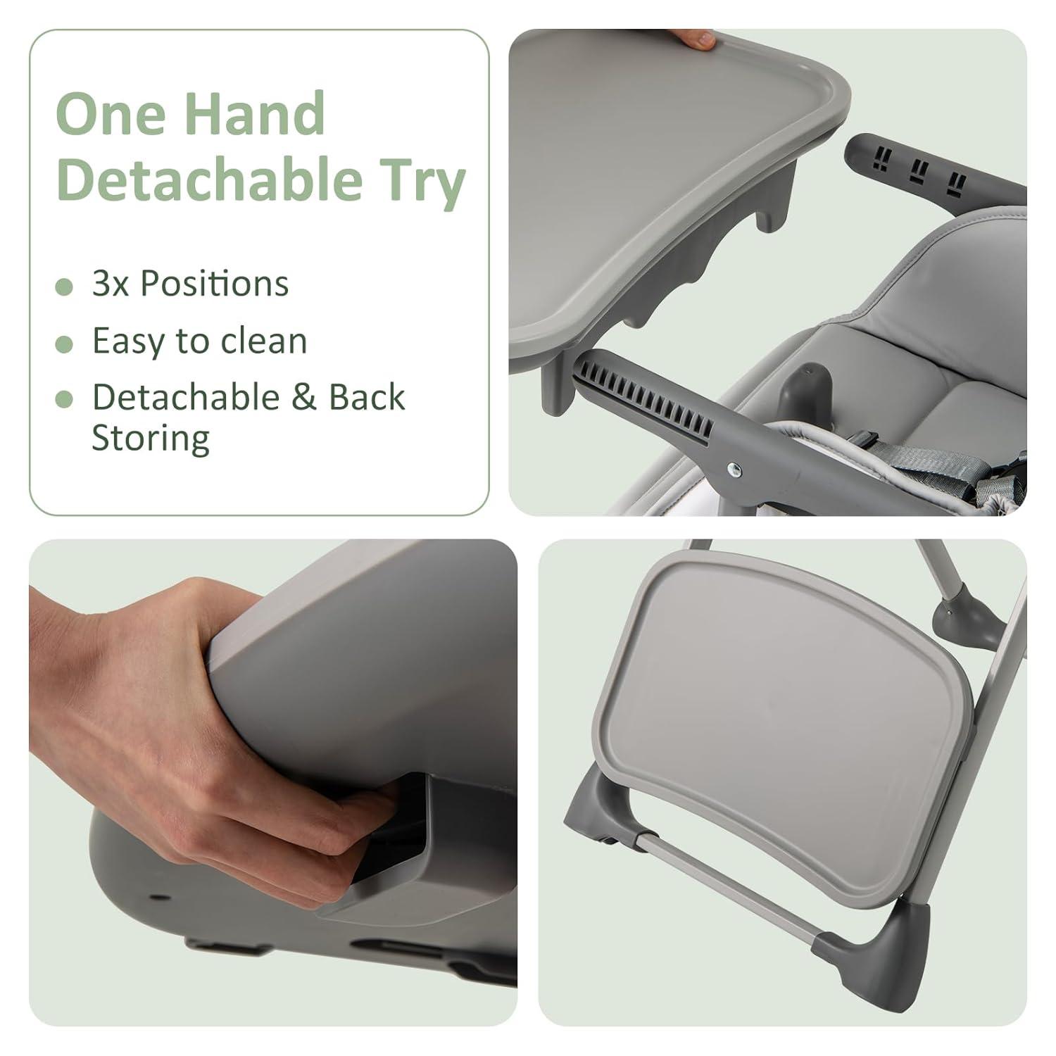 imageINFANS Baby High Chair Convertible Quick Folding Portable Highchair for Babies and Toddlers with Adjustable Height Backrest Footrest 2 Wheels Removable Tray Easy to Clean PU Seat PinkGrey
