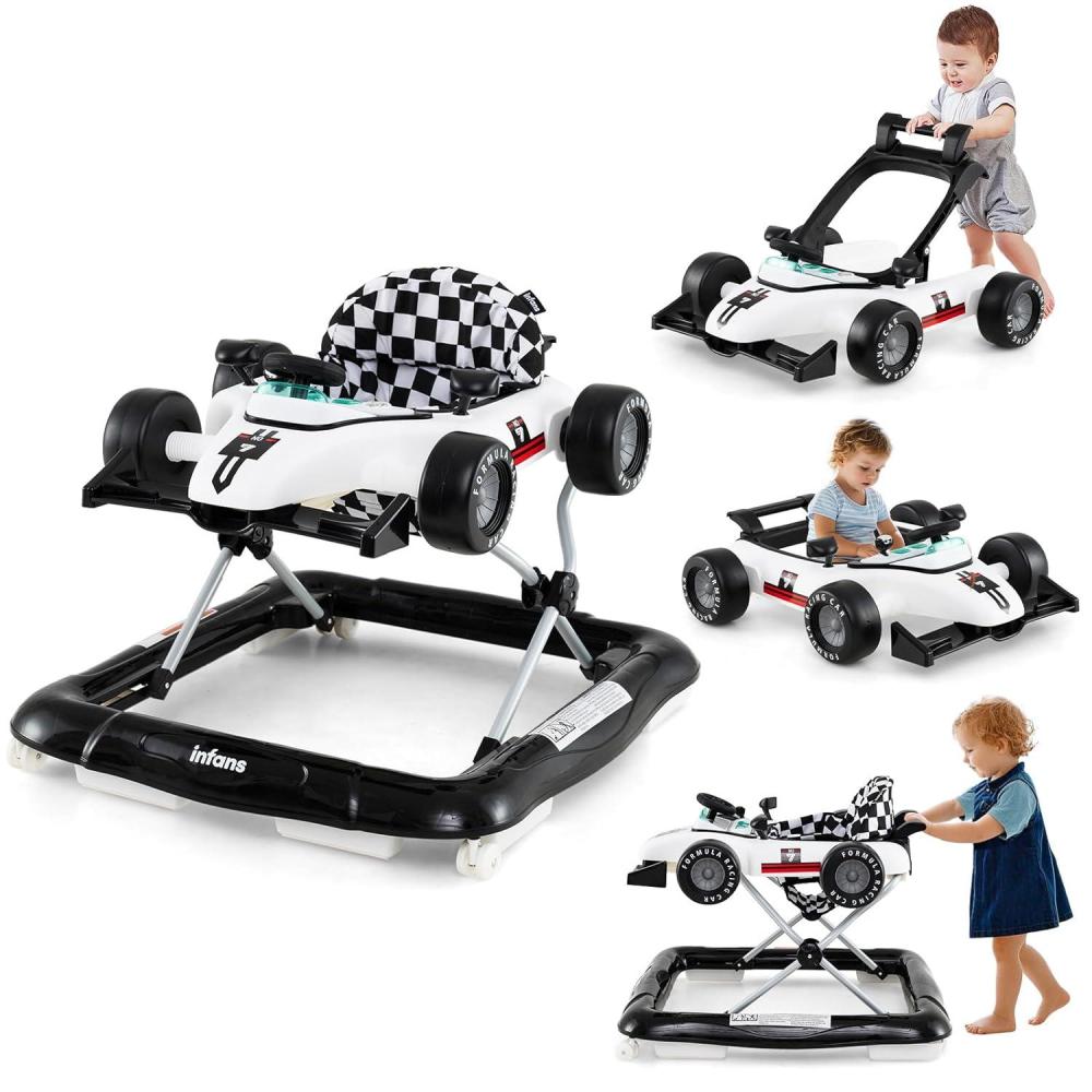 imageINFANS 4 in 1 Baby Walker Foldable Toddler Activity Center with Adjustable Height Padded Seat Music Light Removable Tray Push Walker for Girls Boys Aged 618 Months RedIvory