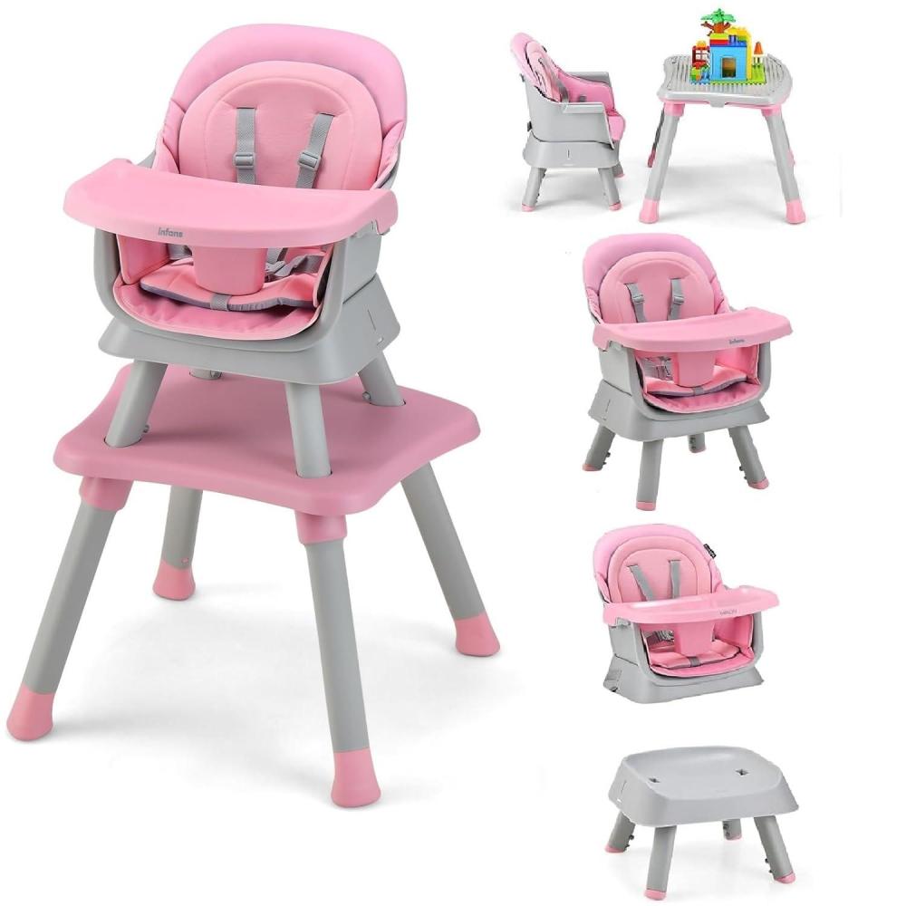 imageINFANS 8 in 1 Baby High Chair Convertible Highchair for Babies and Toddlers Infant Dining Booster Seat Building Block Table Kids Stool Table Chair Set with Removable Tray 8 in 1 Light BrownPink