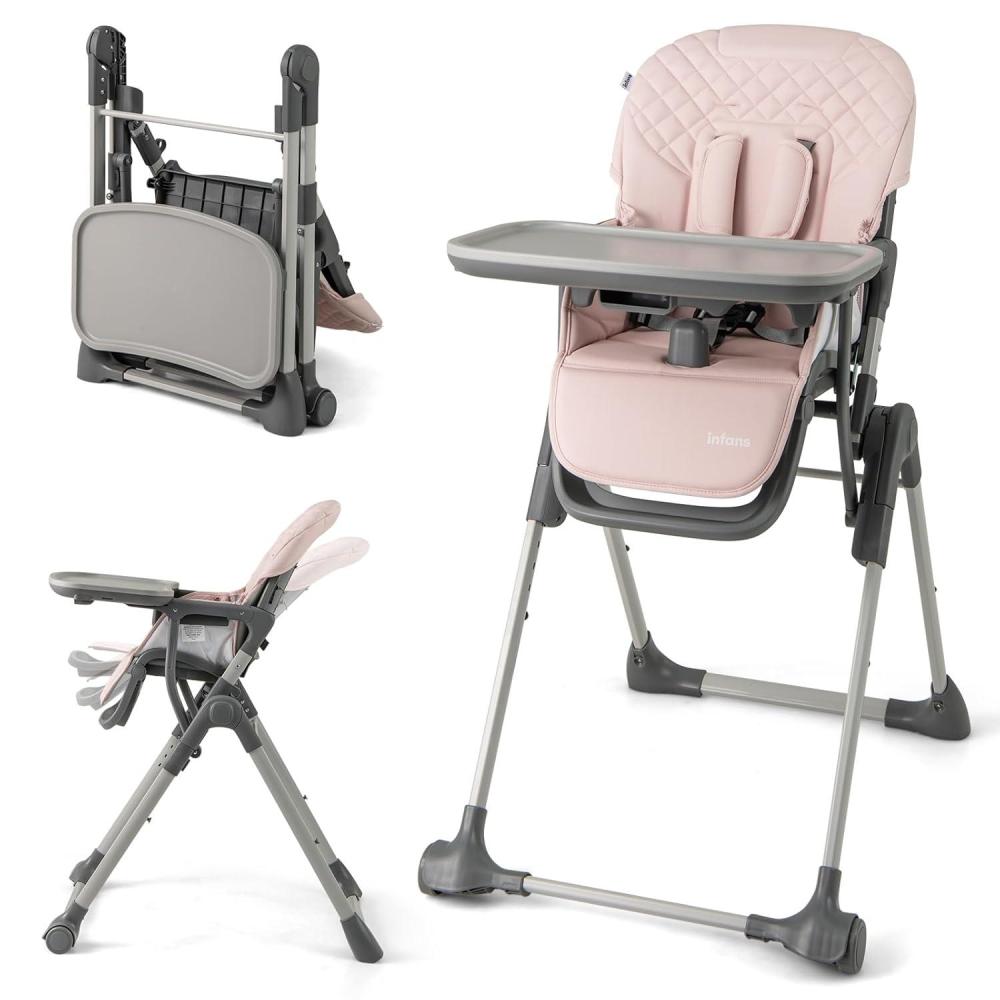 imageINFANS Baby High Chair Convertible Quick Folding Portable Highchair for Babies and Toddlers with Adjustable Height Backrest Footrest 2 Wheels Removable Tray Easy to Clean PU Seat PinkPink