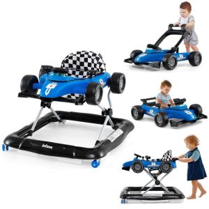 imageINFANS 4 in 1 Baby Walker Foldable Toddler Activity Center with Adjustable Height Padded Seat Music Light Removable Tray Push Walker for Girls Boys Aged 618 Months RedBlue