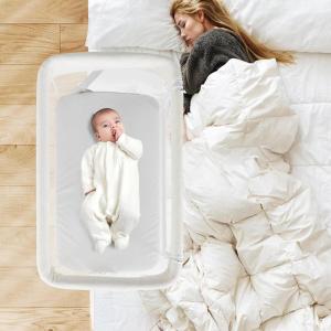 imageINFANS Baby Bedside Bassinet OverBed Baby Bassinet with Adjustable Height Safe Close Sleeping Storage Lowering Wall for Easy Access Newborn Infant Girls Boys Aged 618 Months BeigeWhite
