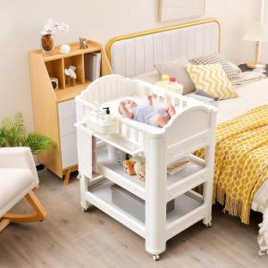imageINFANS Baby Changing Table Diaper Dresser Station with Latex Pad and Pillow 3 Hanging Boxes 2 Storage Racks Lockable Wheels Mobile Nursery Organizer for Newborn Infant with Boxes
