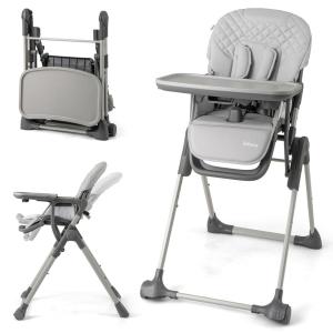 imageINFANS Baby High Chair Convertible Quick Folding Portable Highchair for Babies and Toddlers with Adjustable Height Backrest Footrest 2 Wheels Removable Tray Easy to Clean PU Seat PinkGrey