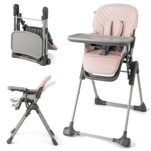 imageINFANS Baby High Chair Convertible Quick Folding Portable Highchair for Babies and Toddlers with Adjustable Height Backrest Footrest 2 Wheels Removable Tray Easy to Clean PU Seat PinkPink