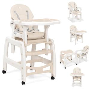 imageINFANS 5 in 1 Baby High Chair Convertible Toddler Table Chair Set MultiFunction Rocking Seat with Lockable Universal Wheels Adjustable Seat Back Removable TraysBeige