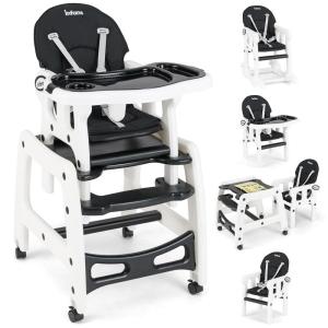 imageINFANS 5 in 1 Baby High Chair Convertible Toddler Table Chair Set MultiFunction Rocking Seat with Lockable Universal Wheels Adjustable Seat Back Removable TraysBlack